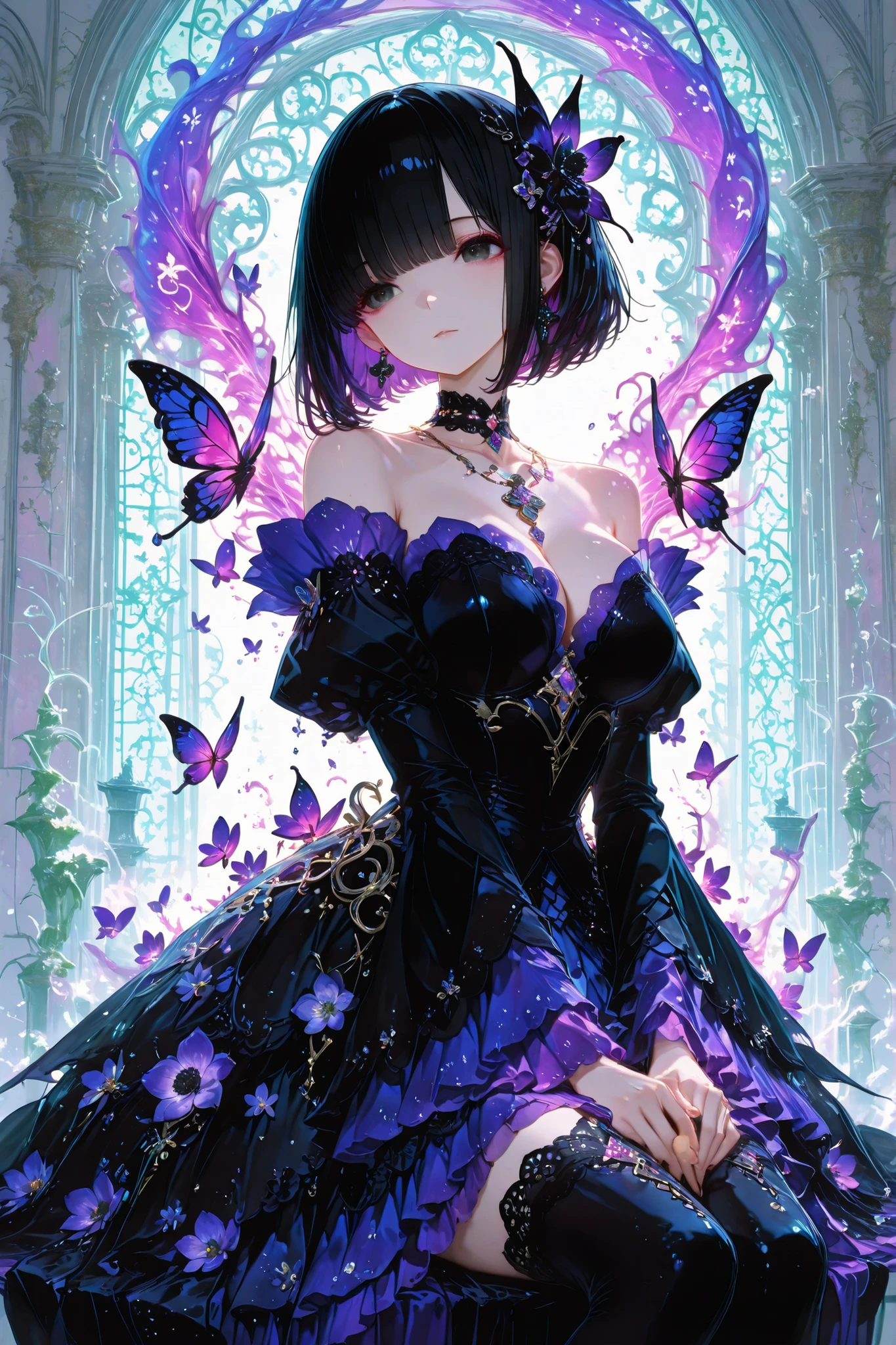 Magazine cover,Cute,4ur4_illu, high quality, ultra-detail, RAW photo, a beautiful female with Short black hair, soft bob cut with side bangs, slightly messy ends, small flower-shaped hair clip, anime style, smooth shading, black eyes with an ethereal glow, sitting in the middle of rocks surrounded by ruined buildings, Elegant fantasy black and purple off-shoulder dress, short layered skirt with flowing sheer chiffon sleeves, decorated with vibrant purple butterflies and floral patterns, delicate choker necklace, ethereal magical aura, soft glowing accents, high fashion illustration style, detailed fabric texture, dynamic lighting, ultra high quality, fantasy background, dynamic composition, intricate costume details, beautiful, pretty, big breast.