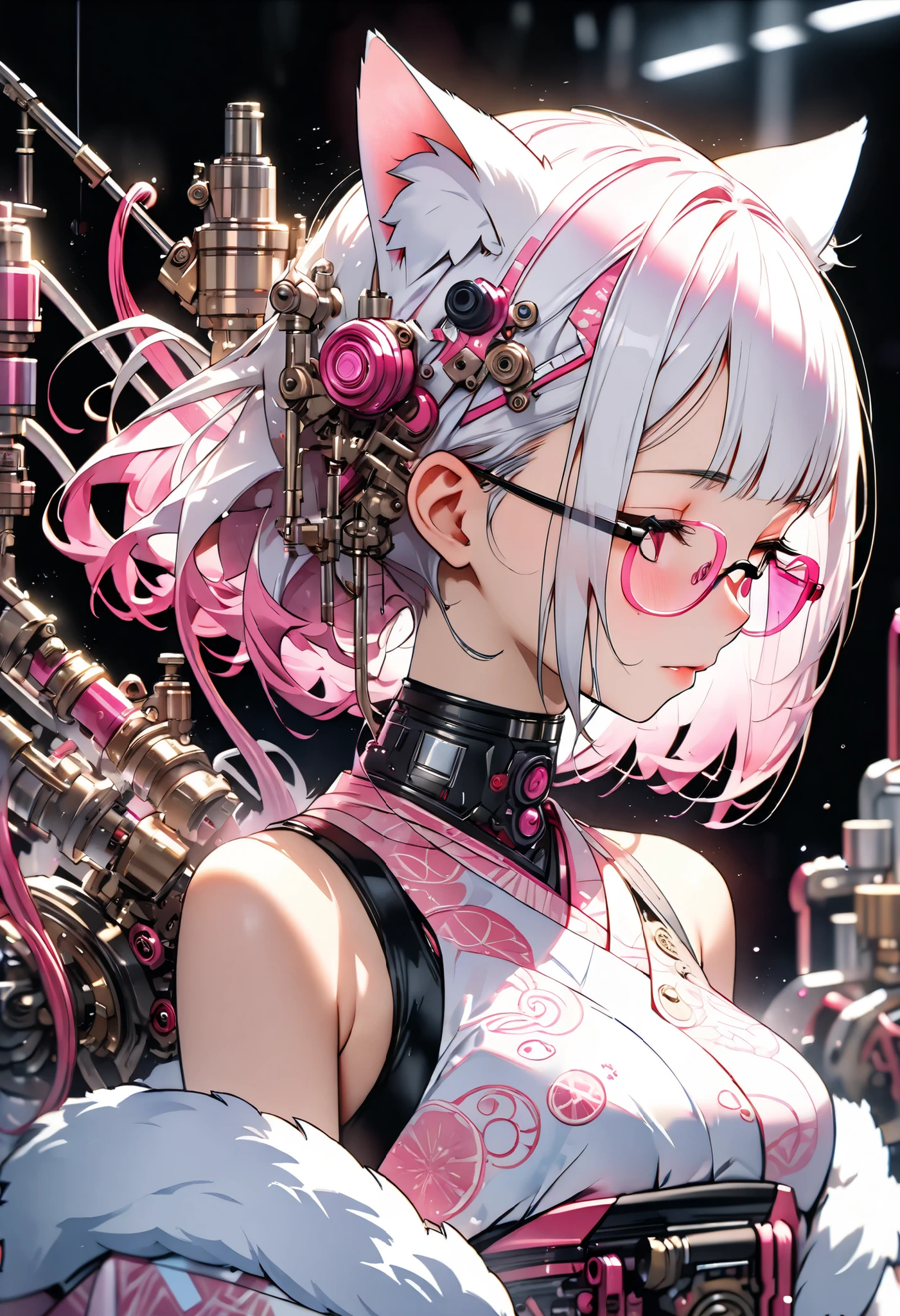 ether machine girl、fluffy white fur growing from the cat's back ears {x} pink similar to blood vessels connected to the neck and back Tube {x} intricate illustration in imaginative cyberpunk art style, Translucent white short hair (black cat ears) Stylish Watercolor Pink Pattern, She is wearing a beautiful kimono, (Square pink glasses:1.2), Clear Pink Culture Solution in Tank.pink and white mechanical body, large transparent culture tank, on white background , connecting the tube to an external machine、, girl looking down with her eyes closed,bust, Brush Blur Effect,( high quality, and high precision, 4K, 8k:1.5), ultra detail.Physical Base Rendering,Ultra-fine coating,cinematic lighting, sharp focus, vivid color, professional shooting resolution,Award-winning、sexy、Erotic