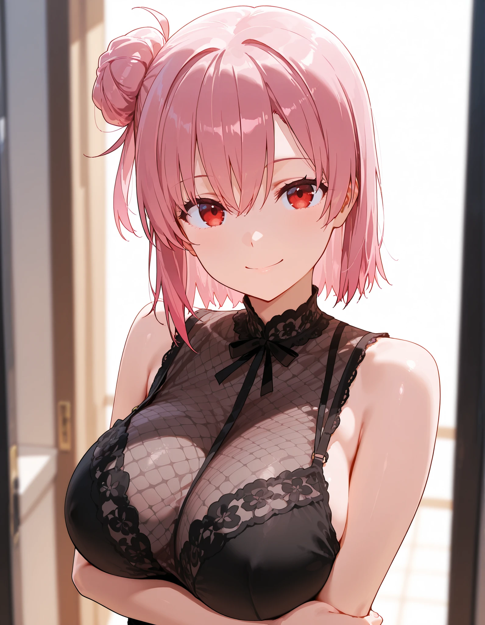 (4K quality:1.3),(Highest quality:1.3),(albino),(Whitening),(19 years old:1.3),(Large Breasts:1.6),Overdeveloped breasts:1.6,Big Breasts:1.6,世界一Large Breasts,Extra large chest:1.3,One of the largest breasts in the world,Saggy breasts,rich,Upper Body,smile,Japanese Voice Actors,Overflowing breasts,(jewelry),Captivate a man,Cleavage,(Con Cafe:1.5),(Celebrities:1.4),(thin:1.2),(Tight waist:1.4,(Night viewの良いホテル:1.1),(luxury:1.2),(Arisa Hanyu:1.5),(anorexia:1.4),(Night view:1.3),(Close up on face:1.2),Catchlight,(Child face:1.6),(smile:1.1),(Lori:1.5),(Pink Hair:1.6),(Short Hair),(Deep pink eyes:1.4),(2D cuteness:1.5),(Cute Makeup),Beautiful fingertips,Black lace collar,(black lace mask:1.1)