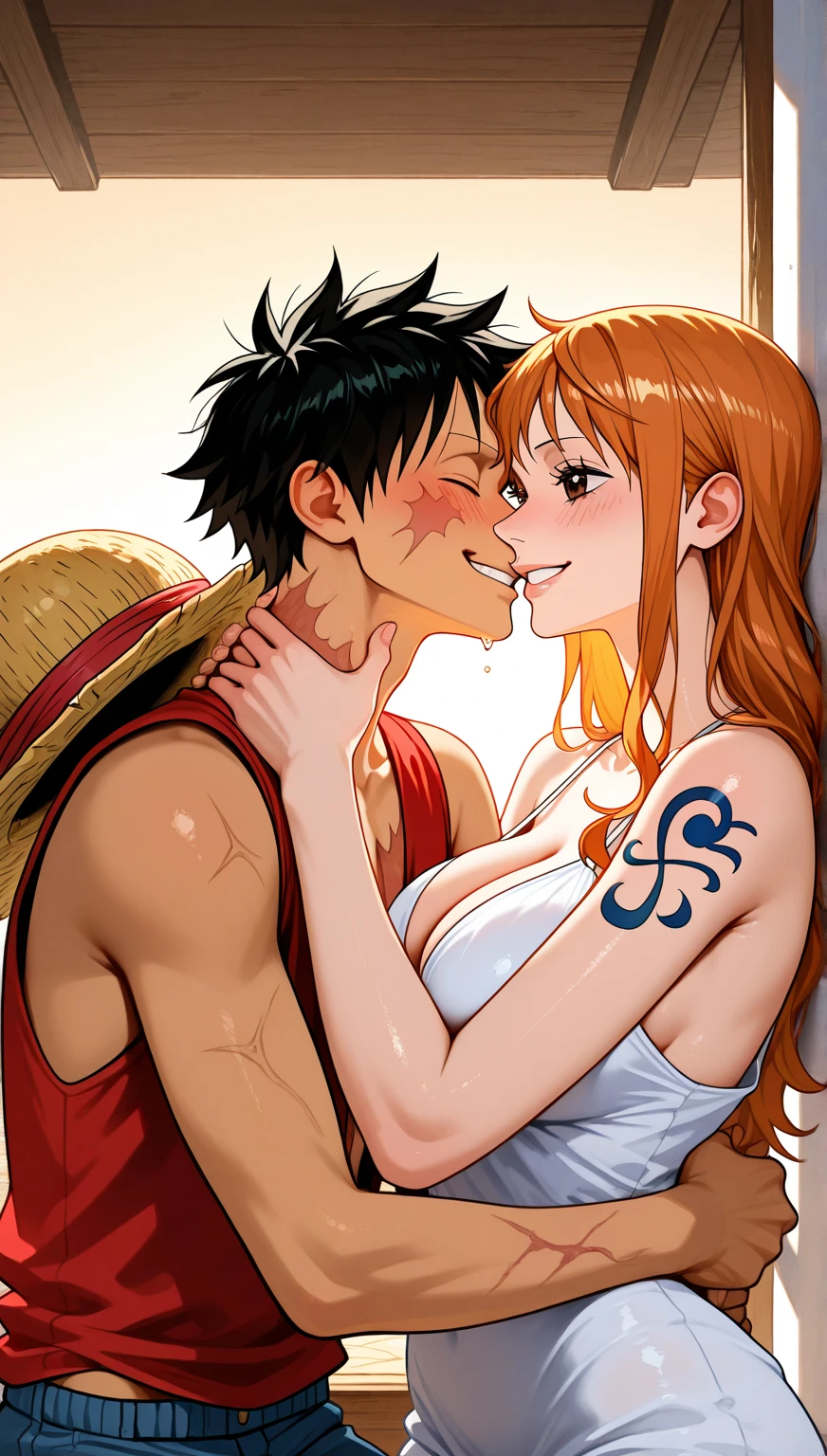 ship's cabin, dark ambience, dark night, they are kissing each other, nami is wearing a green and white strapped bra with a denim, nami is being stripped down by luffy