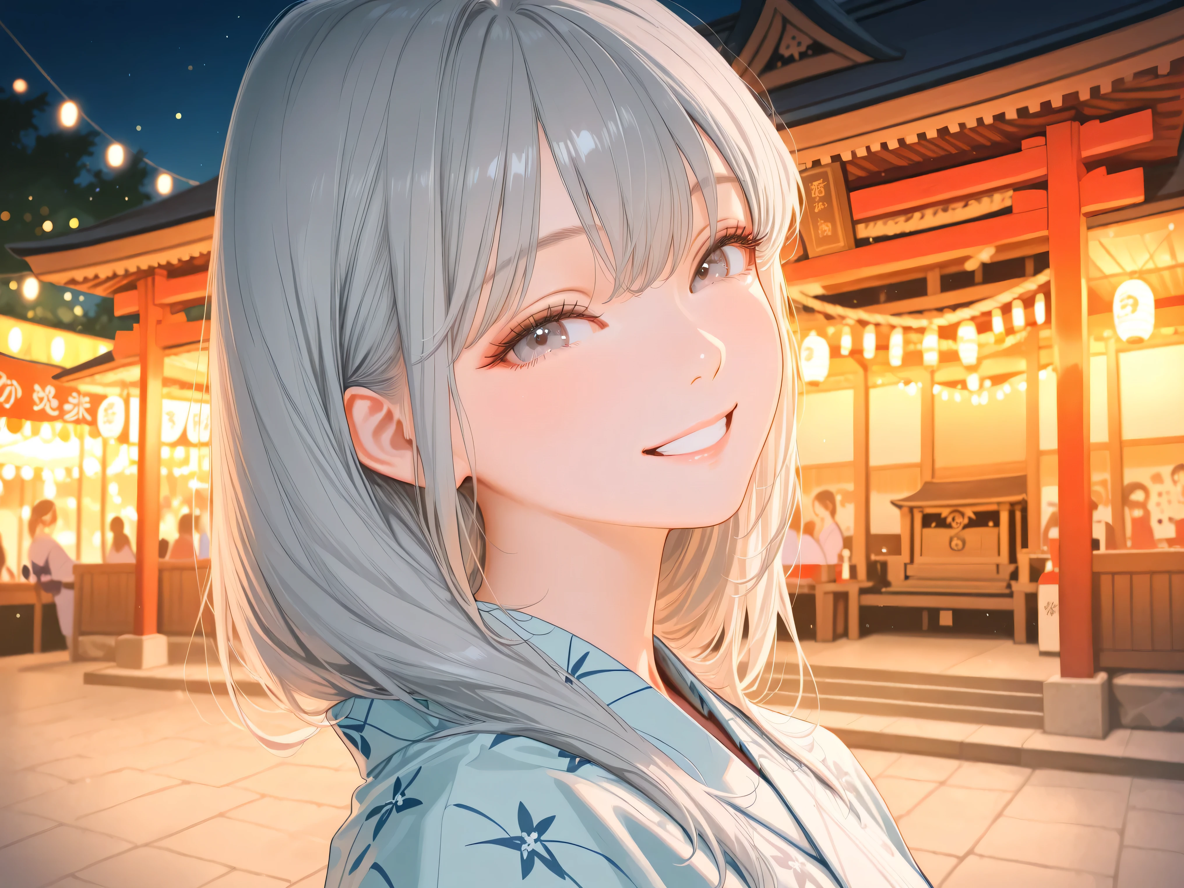beautiful young girl,long gray hair,Wearing a yukata,Smiling Expression,Shrine,Night View of the Festival,calm atmosphere,4K high definition,delicate texture,precise texture,Realistic,portrait,soft focus,bokeh,Rich Colors,warm colors