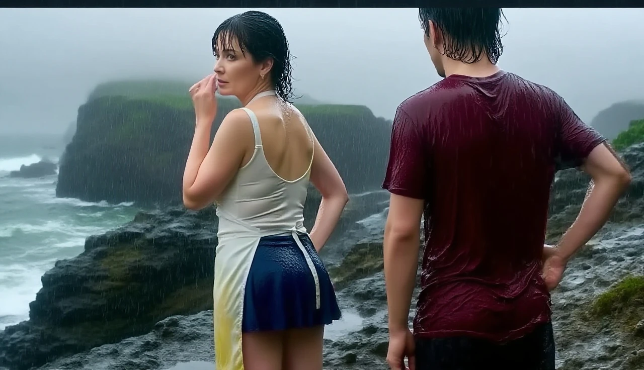 Face detailed, A realistic image, Clear face, Fair skin, A young Japanese girl learned against her husband, the husband embraced her in his arm, holding and touching her upper body. The background is a waterfall. Both wearing white T-shirts and dark shorts., cinematic film effect, film effect, random aesthetic angles, water effect, fantastical perspective, UHD, insane detail, 12k, Wet hair, wet skin, wet clothes.