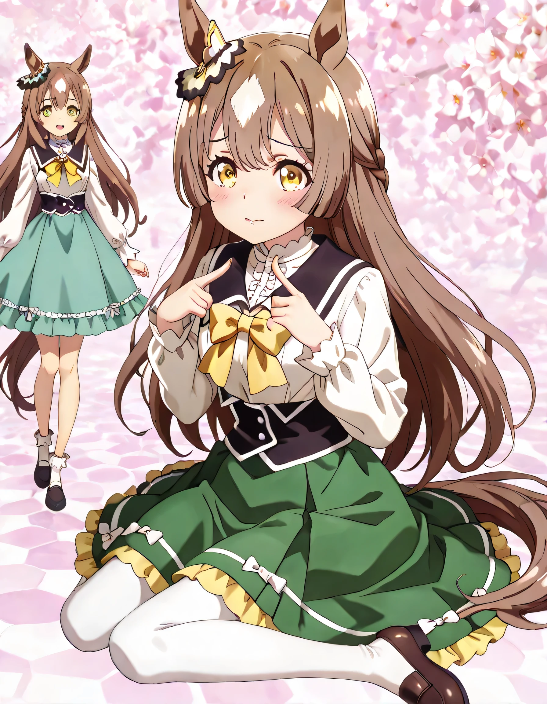 ((ultra-detailed)), (highly detailed CG illustration), (best quality:1.2), ultra-highly detailed, colorful composition, artistic photoshoot, 1girl, solo focus, upper body:1.3, moe anime character,round face, rounded chin:1.2, short stature, styoung, horse girl, yellow eyes, ear ornament, casual, black sailor collar, green skirt, pantyhose, long hair,brown hair,half updo, hair is swaying in the wind, small breasts, A soft pastel pink knit dress with a pose where you put your fingers on your lips and lightly touch your lips with one hand. There are ribbed details and pearl button decorations on the chest, and a large red ribbon at the waist. The skirt is flared, and the hem has wavy ruffles and small pearl decorations, A cute and fashionable outfit that combines Lolita fashion and girly style with a high neck and a shoulder design, The concrete wall where the light shines softly creates an elegant and neat atmosphere, subtle sheen, full body view, intricate design, graceful posture, poised expression, delicate curls, soft shading, harmonious color palette, ethereal ambiance, sitting, pink lips, gentle smile:1.2, blush:1.2, from side, dynamic pose, contrapposto pose,kawaii background, best quality, masterpiece, portrait, depth of field, soft lighting, sidelighting, shine, lighting, caustics, ray tracing, perfect face, lustrous skin, highly detailed face, highly detailed eyes, perfect face, perfect nose, perfect hair, perfect eyes, perfect anatomy, beautiful hair, beautiful small face, extremely detailed face, beautiful detailed eyes, beautiful clavicle, beautiful body, beautiful ample breasts, leavage, breasts squeezed together, equalize the size of the left and right breasts, beautiful thin thighs, beautiful legs, beautiful fingers, 4 fingers, 1 thumb, lovely, (very detailed background:1.0), (highly detailed background:1.0), kawaii aesthetic, intricate details, girly atmosphere, pastel colors palette, chromatic aberration