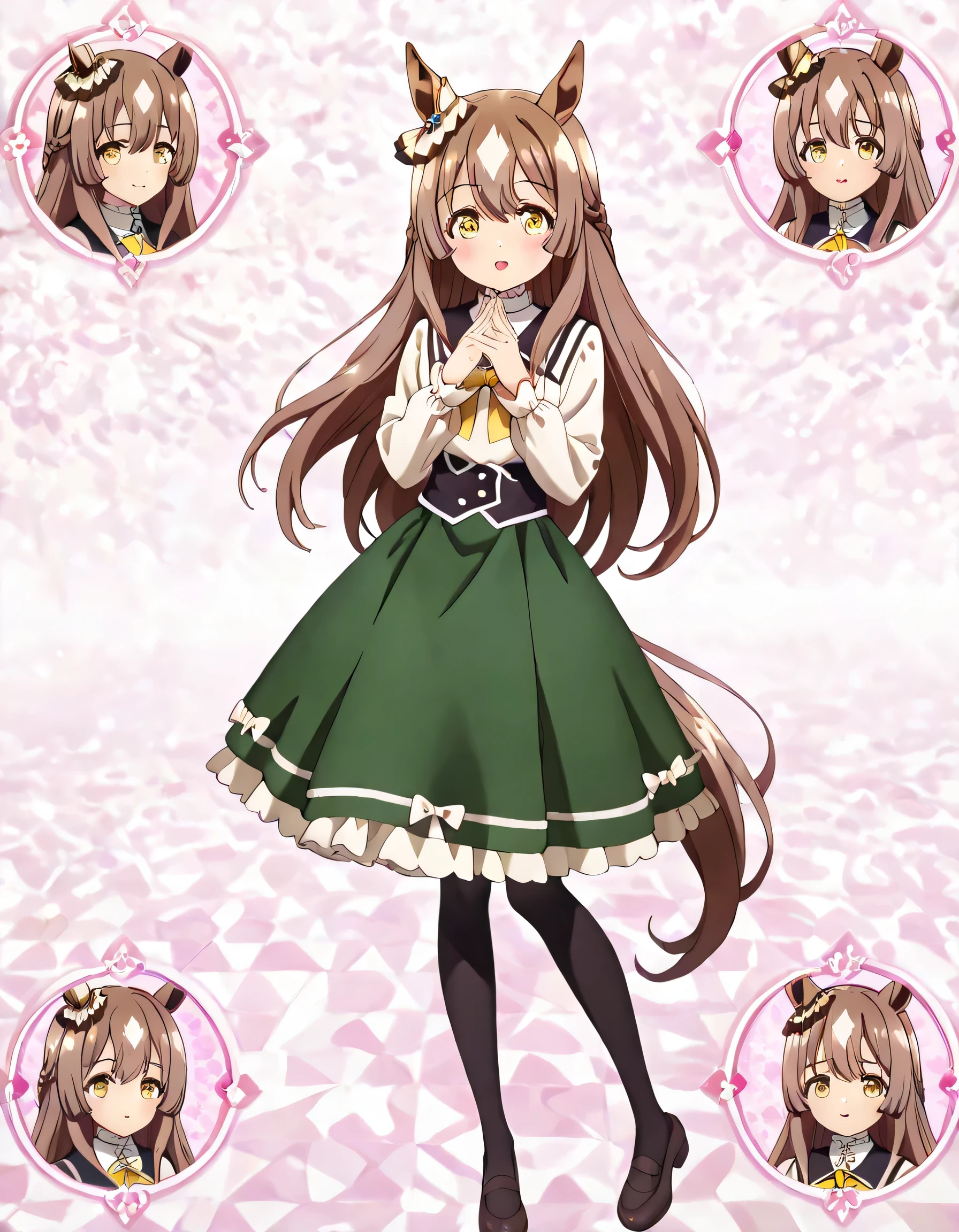 ((ultra-detailed)), (highly detailed CG illustration), (best quality:1.2), ultra-highly detailed, colorful composition, artistic photoshoot, 1girl, solo focus, upper body:1.3, moe anime character,round face, rounded chin:1.2, short stature, styoung, horse girl, yellow eyes, ear ornament, casual, black sailor collar, green skirt, pantyhose, long hair,brown hair,half updo, hair is swaying in the wind, small breasts, A soft pastel pink knit dress with a pose where you put your fingers on your lips and lightly touch your lips with one hand. There are ribbed details and pearl button decorations on the chest, and a large red ribbon at the waist. The skirt is flared, and the hem has wavy ruffles and small pearl decorations, A cute and fashionable outfit that combines Lolita fashion and girly style with a high neck and a shoulder design, The concrete wall where the light shines softly creates an elegant and neat atmosphere, subtle sheen, full body view, intricate design, graceful posture, poised expression, delicate curls, soft shading, harmonious color palette, ethereal ambiance, sitting, pink lips, gentle smile:1.2, blush:1.2, from side, dynamic pose, contrapposto pose,kawaii background, best quality, masterpiece, portrait, depth of field, soft lighting, sidelighting, shine, lighting, caustics, ray tracing, perfect face, lustrous skin, highly detailed face, highly detailed eyes, perfect face, perfect nose, perfect hair, perfect eyes, perfect anatomy, beautiful hair, beautiful small face, extremely detailed face, beautiful detailed eyes, beautiful clavicle, beautiful body, beautiful ample breasts, leavage, breasts squeezed together, equalize the size of the left and right breasts, beautiful thin thighs, beautiful legs, beautiful fingers, 4 fingers, 1 thumb, lovely, (very detailed background:1.0), (highly detailed background:1.0), kawaii aesthetic, intricate details, girly atmosphere, pastel colors palette, chromatic aberration