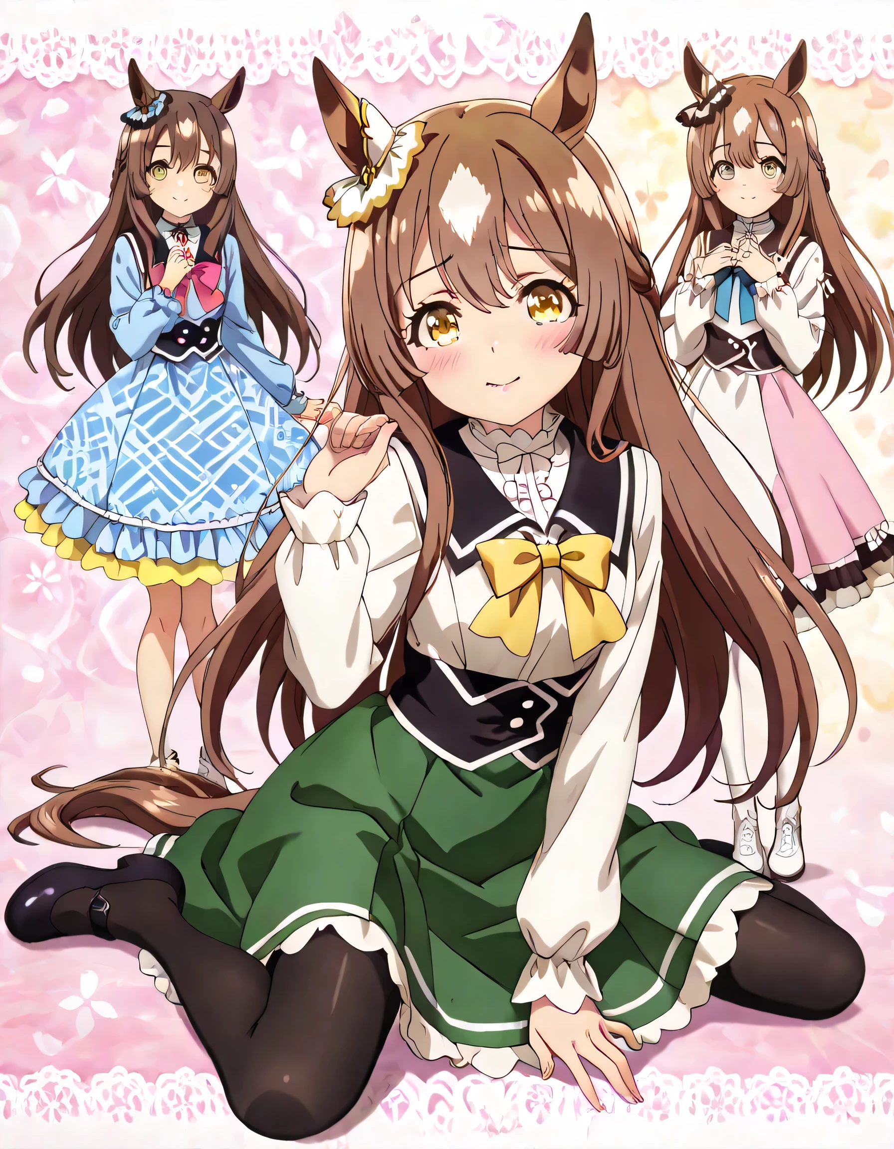 ((ultra-detailed)), (highly detailed CG illustration), (best quality:1.2), ultra-highly detailed, colorful composition, artistic photoshoot, 1girl, solo focus, upper body:1.3, moe anime character,round face, rounded chin:1.2, short stature, styoung, horse girl, yellow eyes, ear ornament, casual, black sailor collar, green skirt, pantyhose, long hair,brown hair,half updo, hair is swaying in the wind, small breasts, A soft pastel pink knit dress with a pose where you put your fingers on your lips and lightly touch your lips with one hand. There are ribbed details and pearl button decorations on the chest, and a large red ribbon at the waist. The skirt is flared, and the hem has wavy ruffles and small pearl decorations, A cute and fashionable outfit that combines Lolita fashion and girly style with a high neck and a shoulder design, The concrete wall where the light shines softly creates an elegant and neat atmosphere, subtle sheen, full body view, intricate design, graceful posture, poised expression, delicate curls, soft shading, harmonious color palette, ethereal ambiance, sitting, pink lips, gentle smile:1.2, blush:1.2, from side, dynamic pose, contrapposto pose,kawaii background, best quality, masterpiece, portrait, depth of field, soft lighting, sidelighting, shine, lighting, caustics, ray tracing, perfect face, lustrous skin, highly detailed face, highly detailed eyes, perfect face, perfect nose, perfect hair, perfect eyes, perfect anatomy, beautiful hair, beautiful small face, extremely detailed face, beautiful detailed eyes, beautiful clavicle, beautiful body, beautiful ample breasts, leavage, breasts squeezed together, equalize the size of the left and right breasts, beautiful thin thighs, beautiful legs, beautiful fingers, 4 fingers, 1 thumb, lovely, (very detailed background:1.0), (highly detailed background:1.0), kawaii aesthetic, intricate details, girly atmosphere, pastel colors palette, chromatic aberration