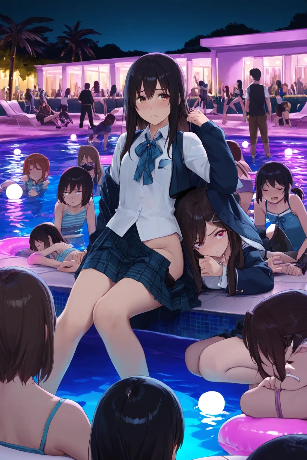 nsfw:1.2, KogaHaruka、Highest quality、group of school studens,School swimming pool、Wearing a white swimsuit、The swimsuit is wet and see-through、Embarrassed expression、Watery eye、People around you are looking at you in surprise、