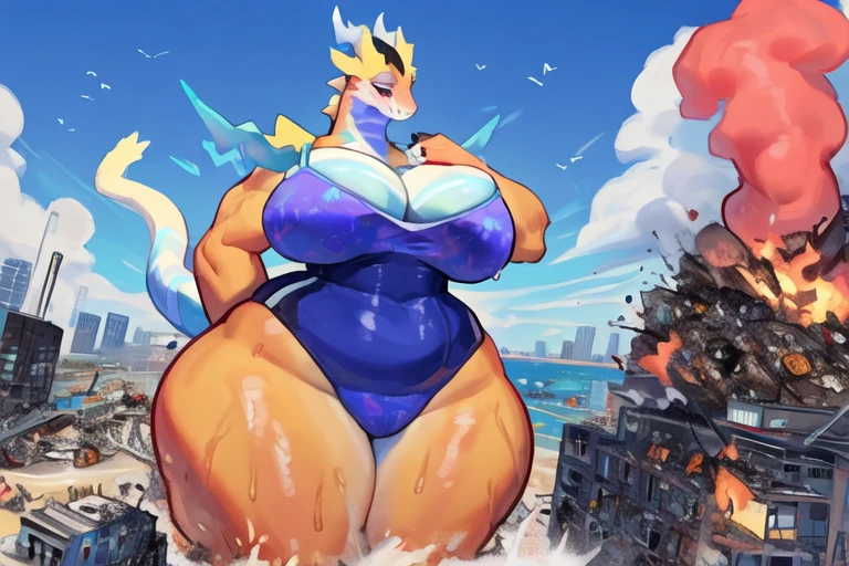 In a captivating anime scene,  
Draw the whole body from head to feet,  
a young woman wears a kaiju-themed suit,  her face radiating cuteness. 
The suit, with big thick tail and dark green and yellow accents. 
creating a visually striking image,showcasing her entire body while maintaining a playful yet fierce demeanor.  
many helicopter is firing missiles at her.