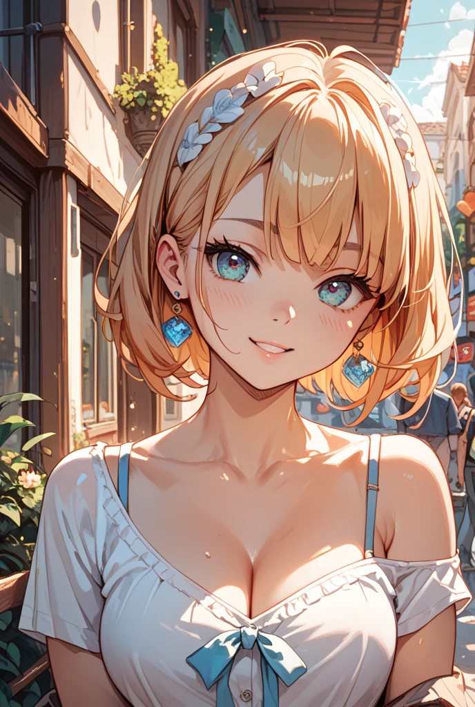 ((masterpiece, best quality;1.3)), ultra detailed, 8k unity wallpapers, CG, ray tracing, illustration, colorful, cinematic shadow, extremely detailed and beautiful background,vhd, shadering VRay,RT, 1girl, smile, teenage, petite, loli, blush, solo, blue eyes, (blush), (blonde hair), (medium hair), (large breasts), slim waist, white glowing skin, highly detailed beautiful face, beautiful face, beautiful eyes, (talented Lo-Fi:1.3), naked, sexy, lewd, (skindentation), detailed printed sundress, necklace, hairband, afternoon walk, city garden, close-up, glowing, glowing light, ultra detailed, scenic, atmospheric