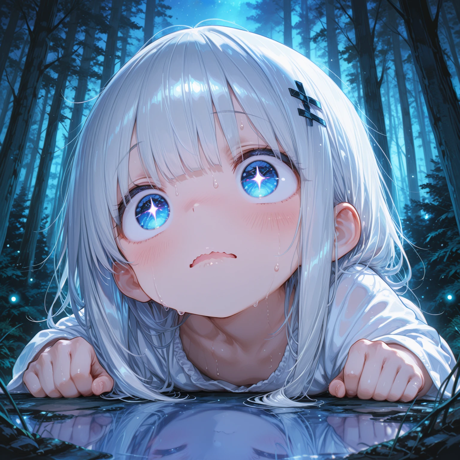 beautiful detailed girl,(masterpiece,best quality,extremely detailed:1.2),((cowboy shot:1.1)),(solo,10 years old,kawaii,slender,small breasts:1.25),(pained look:0.8),((white ) in ((Torn school uniform)):2),(dirty:2),blush,shy,weep,standing,(deep forest:1.5),(hug:0.4),rating: general, newest,Sexy face,(primitive:1.1)