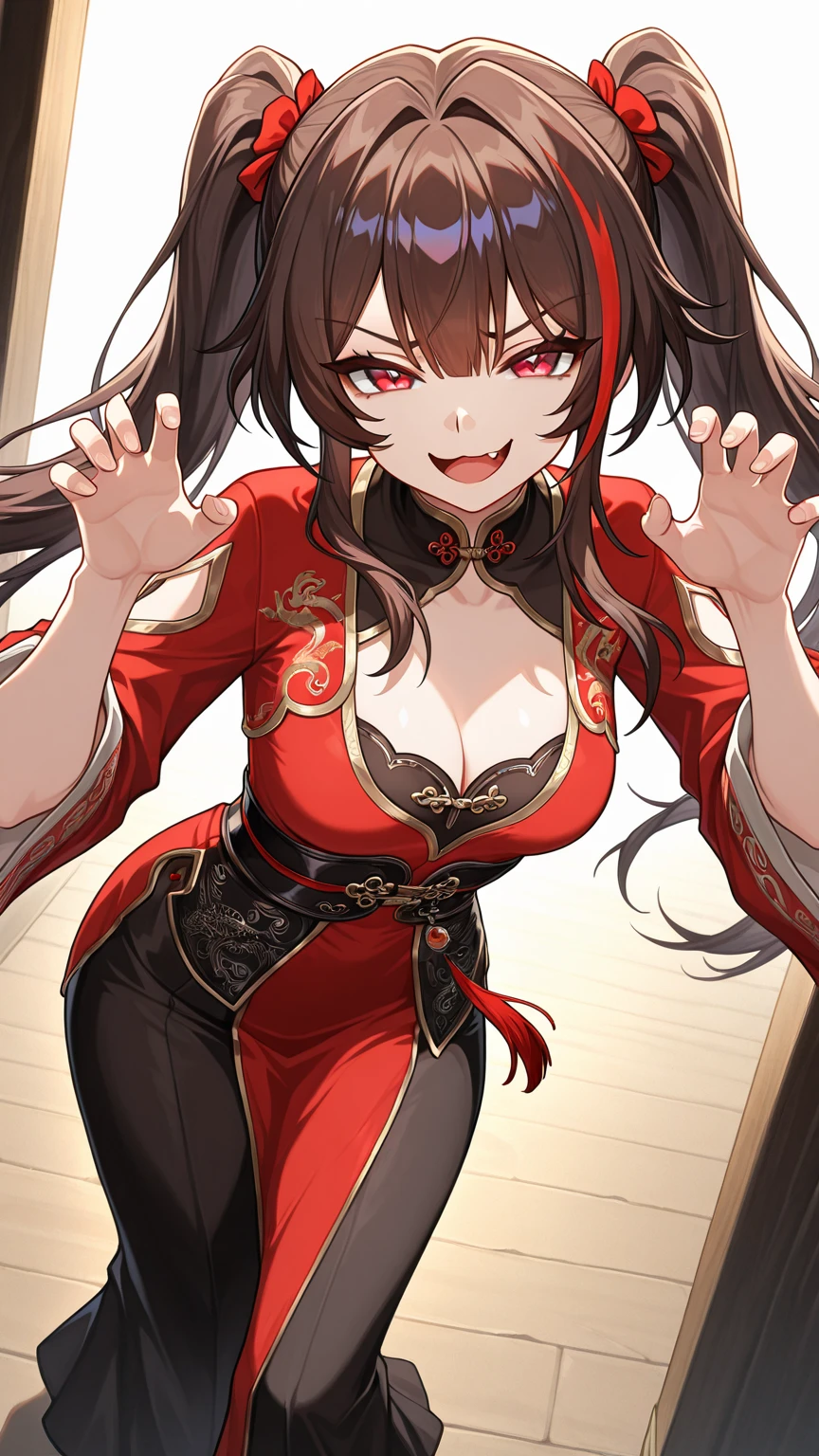 NSFW,hutao\(genshin\),(China dress:1.5),Cleavage,(Perfect hands),(Perfect ???????),(masterpiece),(highest quality),(Embarrassed:1.5),blush,Feeling embarrassed,restaurant