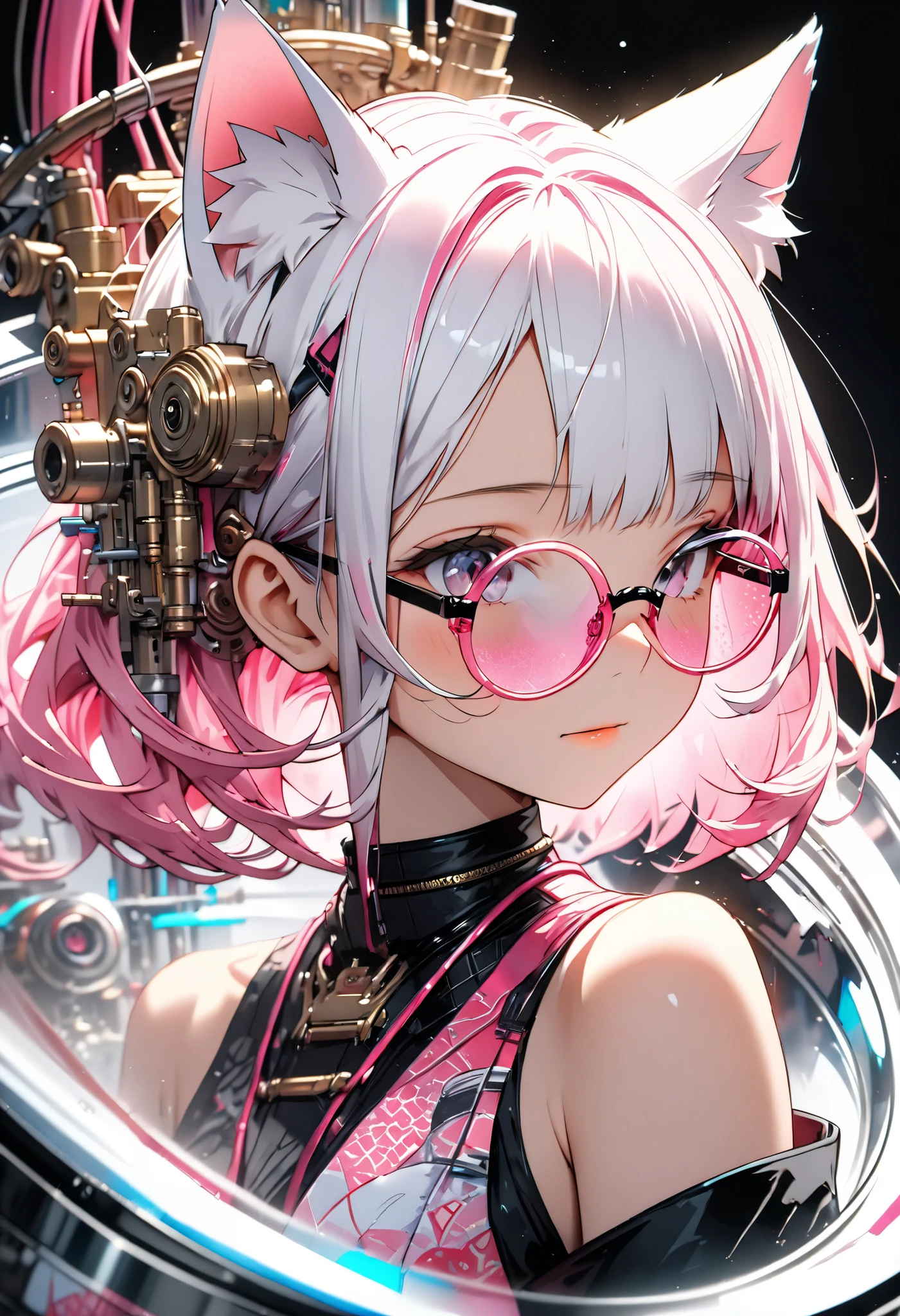 ether machine girl、fluffy white fur growing from the cat's back ears {x} pink similar to blood vessels connected to the neck and back Tube {x} intricate illustration in imaginative cyberpunk art style, Translucent white short hair (black cat ears) Stylish Watercolor Pink Pattern, She is wearing a beautiful kimono, (Square pink glasses:1.2), Clear Pink Culture Solution in Tank.pink and white mechanical body, large transparent culture tank, on white background , connecting the tube to an external machine、, girl looking down with her eyes closed,bust, Brush Blur Effect,( high quality, and high precision, 4K, 8k:1.5), ultra detail.Physical Base Rendering,Ultra-fine coating,cinematic lighting, sharp focus, vivid color, professional shooting resolution,Award-winning、sexy、Erotic、open shoulders