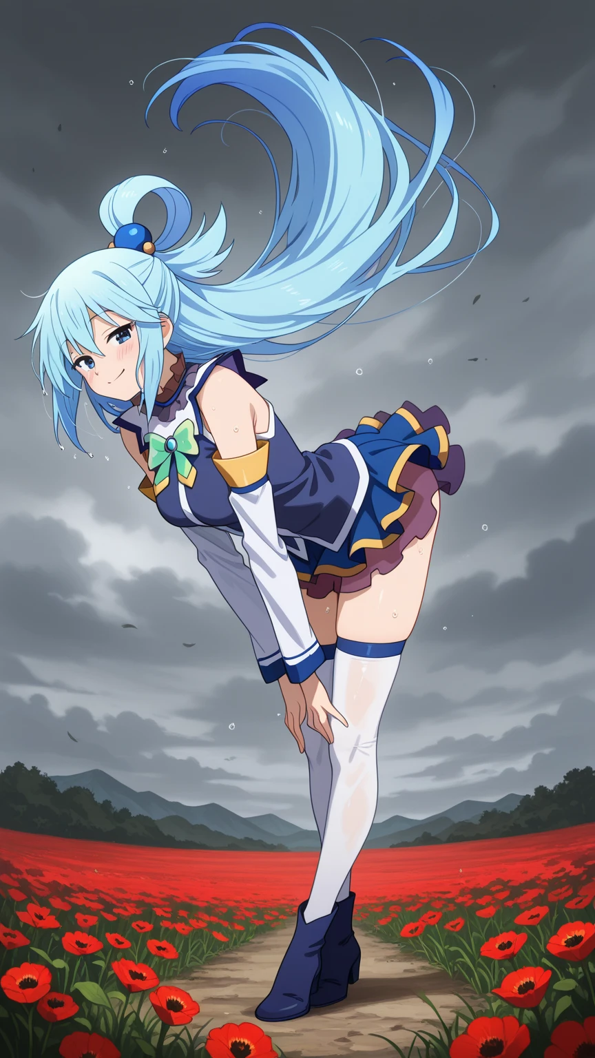 (An adult woman is standing and lifting her skirt., Grab the hem of your skirt, 地面から上にWindがふきスカートがめくれてパンティが見えている, White panties:1:3), An intense light illuminates my body from the magic circle at my feet., Beautiful Anime Woman, Beautiful art style, Anime characters, ((Smooth texture, Realistic texture, アニメCGWind)), ((Highest quality)), (Very detailed), (Very detailed CG 統合 8k 壁紙), Very detailed, High-resolution RAW color photos, Professional photography, masterpiece, Highest quality, beautiful and big breasts, Slender body, (Stunningly beautiful woman), (Detailed face:1.2), (Blue Hair, White Dress, White mini skirt, belt, Red eyes, Circlet, boots, Blue Cape:1.1), Outdoor, nature, Wind, Perfect lighting, Perfect Shadow, Exact number of arms, Exact number of legs, Perfect Anatomy, Exact finger count、Exact number of legs、(Exact number of arms:1.0, Exact number of hands:1.0), (Perfect hands, Perfect Anatomy), (Embarrassed expression), Angle from the front