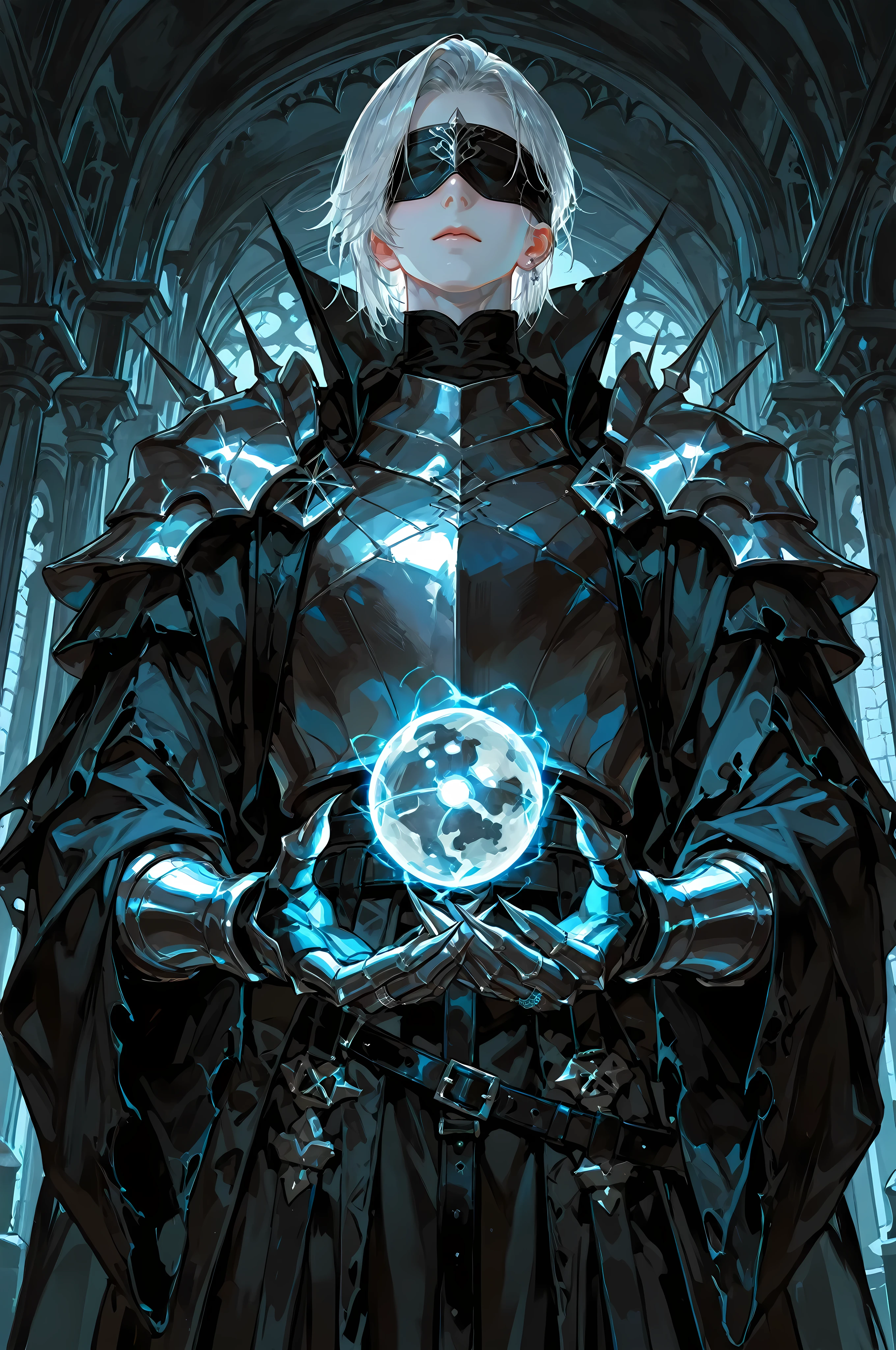 8k, beautiful masterpiece, looking ahead, alone, super pale skin, Perfect Eyes shape, Athletic Build, ((He wears: primarily black with silver accents = high collar Nazgul clothing with pointed shoulders and very wide sleeves, spiky steel cuirass, spiky steel pauldrons, clawed steel gauntlets; black belt with steel buckle; metal blindfold; 1 silver ring))), (((background is castle interior, is emotionless and somber while holding 1 divination orb and using it))), mature man, 1 man, male-centered, handsome man, handsome, short hair, white hair, Thick painted, masterpiece, top quality, amazing quality, exquisite details, very detailed, semi-realism art, semi-realism art style