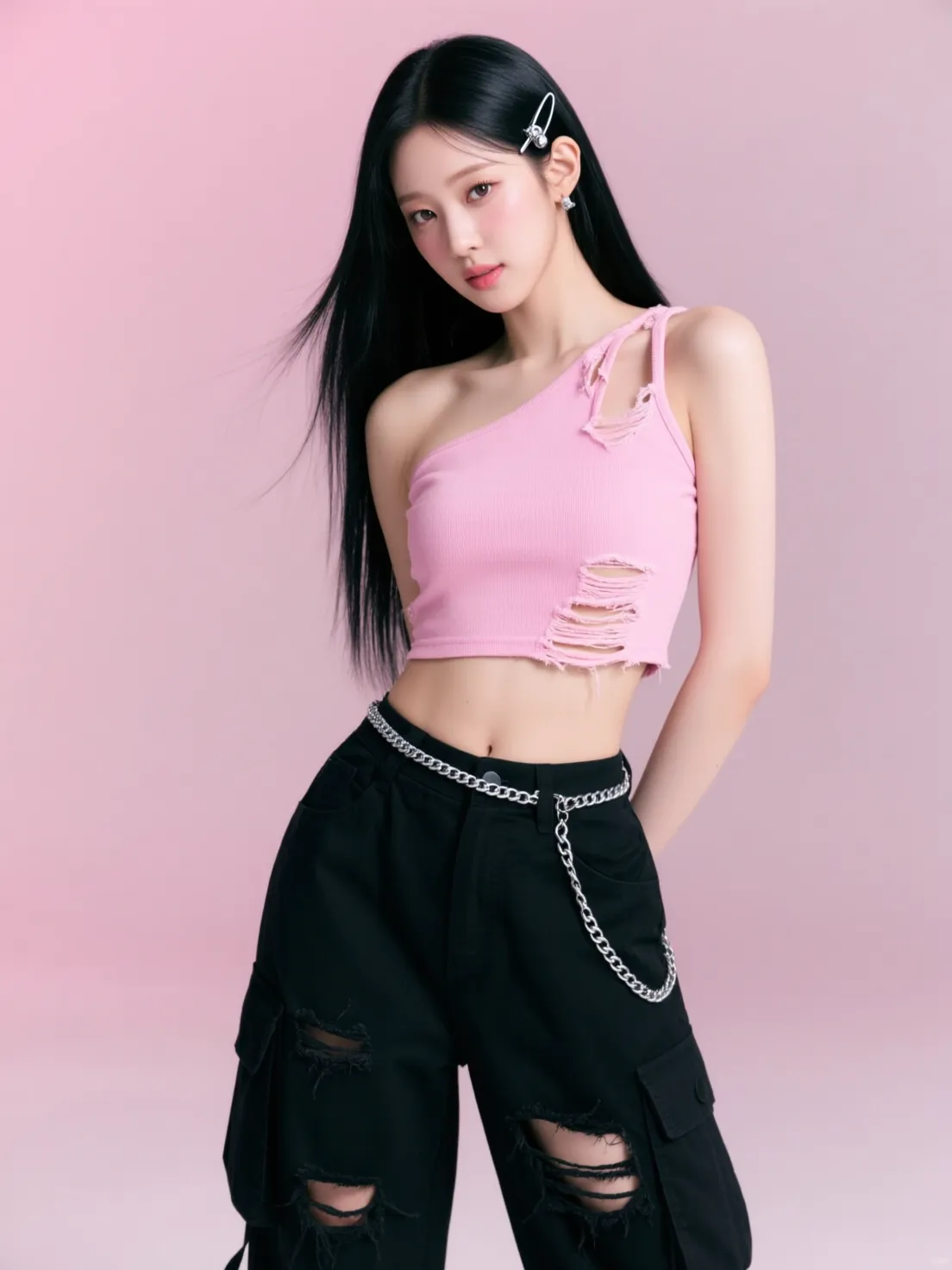 best quality, masterpiece, sleeveless tee, Tight, belly button exposed, H-shaped skirt that reveals more than 10cm above the knees, High heels that are very flashy and have a heel of more than 7 cm., large, colorful necklace, large and colorful earrings, large and colorful bracelets, Stockings with colorful and unconventional colors and patterns, Underwear with flashy and unconventional colors, patterns and shapes