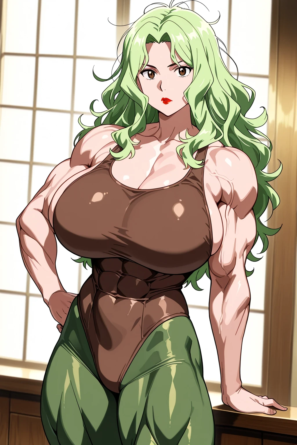 score 9 , score 8 up, score 7 up, source anime, 傑作, best quality, best image quality, best resolution, anime coloring, anime screencap, anime screenshot, 1woman, Close-up of a woman with long green hair, muscular and strong, make up, messy hair, lipstick, wavy hair, parted bangs, brown eyed woman, solo, huge breasts, strong muscles, very large breasts, made by an anime artist, huge boobs, outfit:brown leotard, biceps, biceps long head, biceps short head, triceps, triceps medial head, triceps lateral head, triceps longhead, brachioradialis, deltoids, anterior deltoids, middle deltoids, posterior deltoids, covered thigh muscles, covered semitendinosus muscles, covered hamstrings, covered adductor magnus muscles, collarbone, trapezius, woman is a standing, leotard with an brown, アニメ風, muscular woman, muscular and feminine, skin tight leotard, very tall womam, basic leotard, 大人の色気, wearing a green pantyhose, アニメチンコ!!!!, skin tight pantynose, leotard top with an tank top, leotard bottom with an high leg cut, pantyhose with an green, bare shoulders, bare arms, leotard and pantyhose only, cowboy shot, looking at viewer, female focus,
