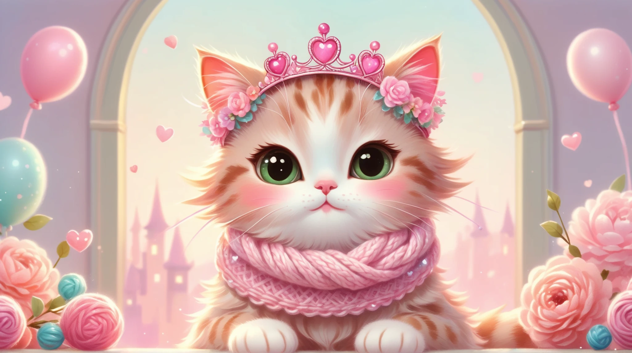 A cute, pastel pink princess cat wearing a knitted pink scarf with pink pompoms, a tiara, and floral decorations, sitting on a light, soft background, rendered in a highly detailed, stylized, and almost 3D-like whimsical painting style with a focus on soft, glowing colors and delicate textures.