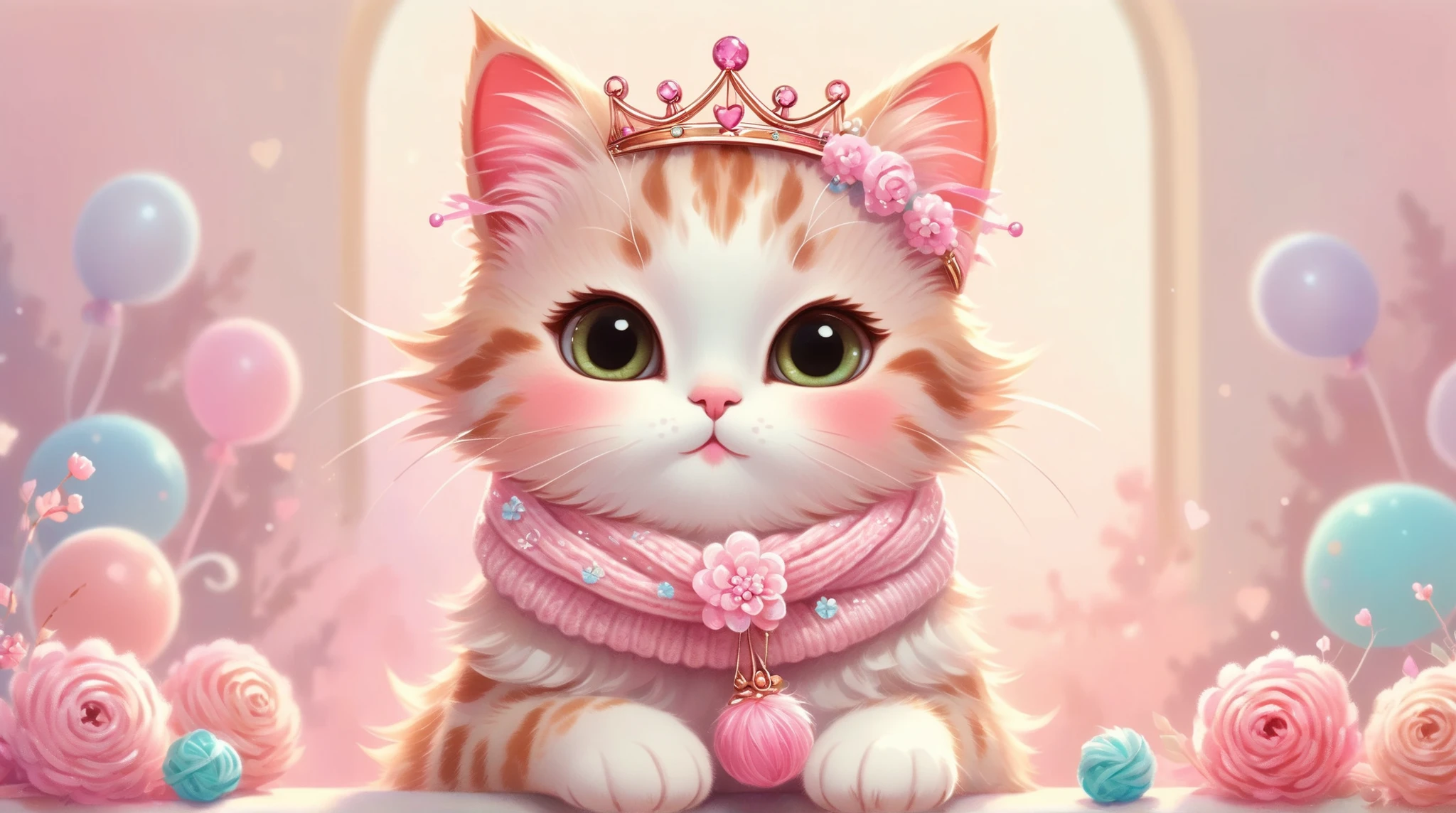 A cute, pastel pink princess cat wearing a knitted pink scarf with pink pompoms, a tiara, and floral decorations, sitting on a light, soft background, rendered in a highly detailed, stylized, and almost 3D-like whimsical painting style with a focus on soft, glowing colors and delicate textures.