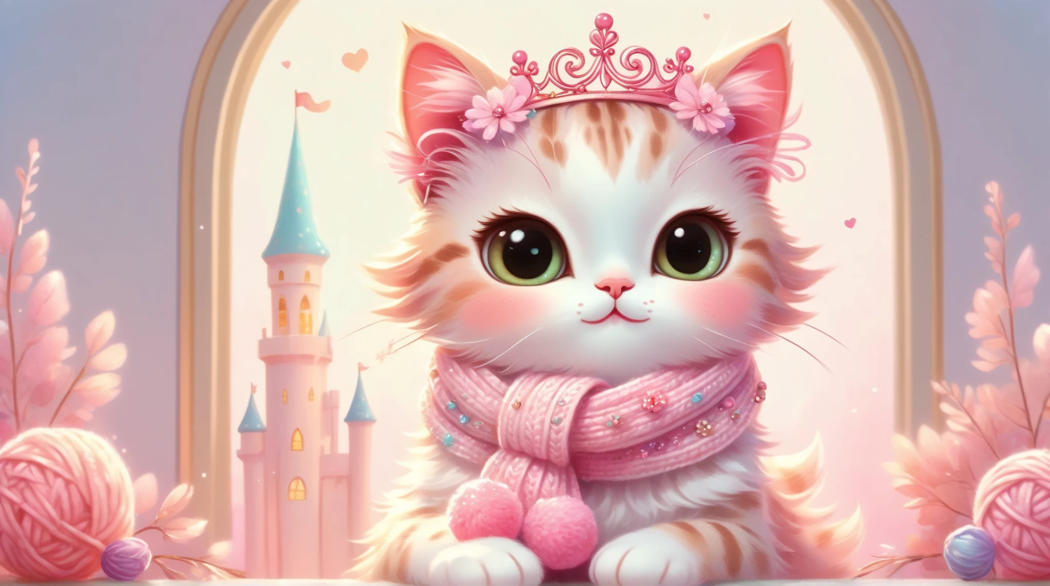 A cute, pastel pink princess cat wearing a knitted pink scarf with pink pompoms, a tiara, and floral decorations, sitting on a light, soft background, rendered in a highly detailed, stylized, and almost 3D-like whimsical painting style with a focus on soft, glowing colors and delicate textures.
