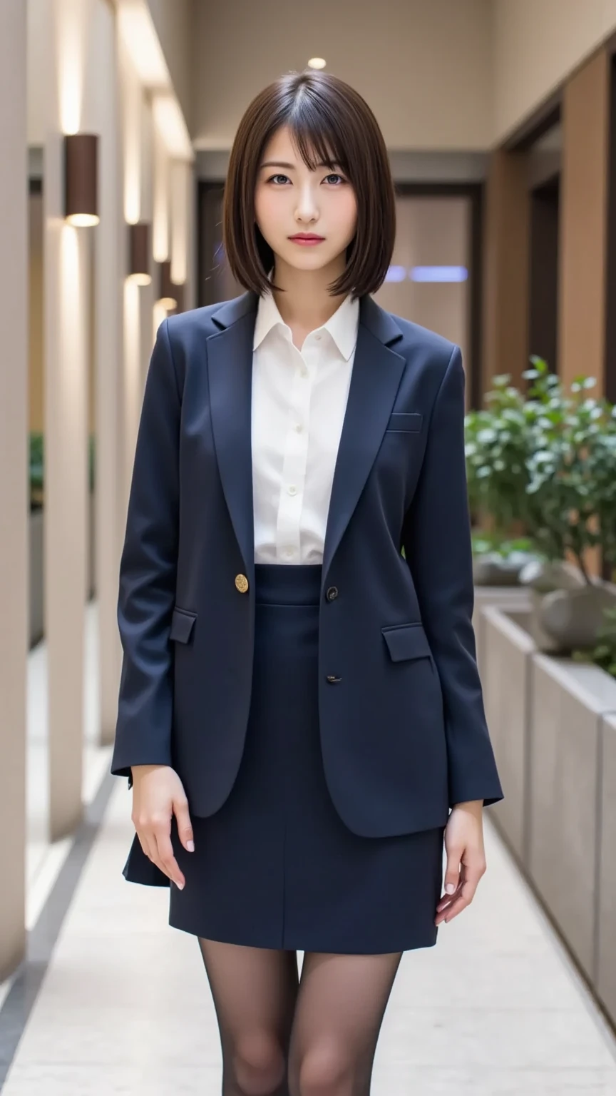 One Woman、((Standing wearing a blazer and miniskirt school uniform))、Primary school students,((small breasts)),Highest quality、Very delicate and beautiful、((Very short bangs))、((Bangs))、Shiny black hair、Highest quality、Very delicate and beautiful、((Very short bangs))、((blunt bangs))、((long hair))、Cute face、Young face、Cute like an idol、Are thin、Slim figure、slender、Short、 body type、((The background is a Japanese townscape))、Thighs、Photographed from the front、The best smile、