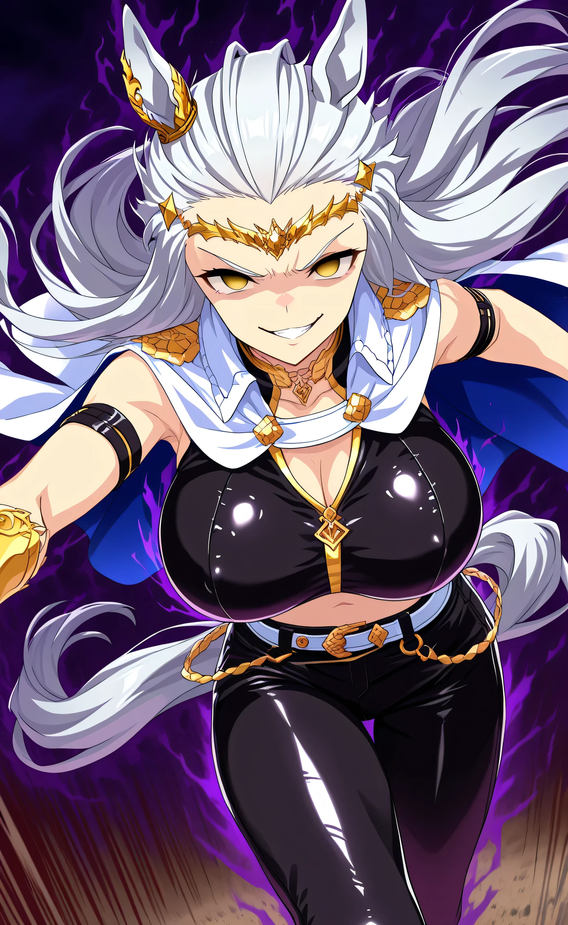 1female,solo,Ryuga,white hair,long hair,slicked-back hair,yellow eyes,empty eyes,evil grin,pride,horse ear,leen muscle,big boobs,tall,sexy,white cape,black crop top,black leather pants,gold neckless,gold armband,gold hairband,Dark Aura,run,speed,horse track,[Style] Uma Musume: Pretty Derby