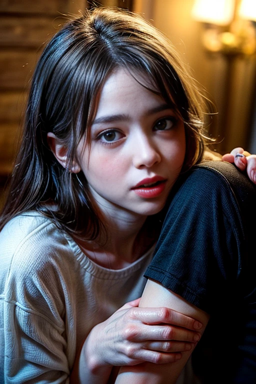 Generate: Realistic, amber haired girl 
Face: brown eyes, small frekels (very low quantity), smooth small nose, ears part visible 
Body:  small waist, thick , : middle wide,
Environment: city balkony at early night 
Lighting : dawn but generated person fully visible.
Wearing: ai generate:black shorts




 
Make the face a little less smooth and add a few freckels to the nose and cheeks 

Ai generate: Make it look like the person is taking a selfie 

Make the eyes a litte smaller and more realistic
 
Aigenerate: red pullover, see thru