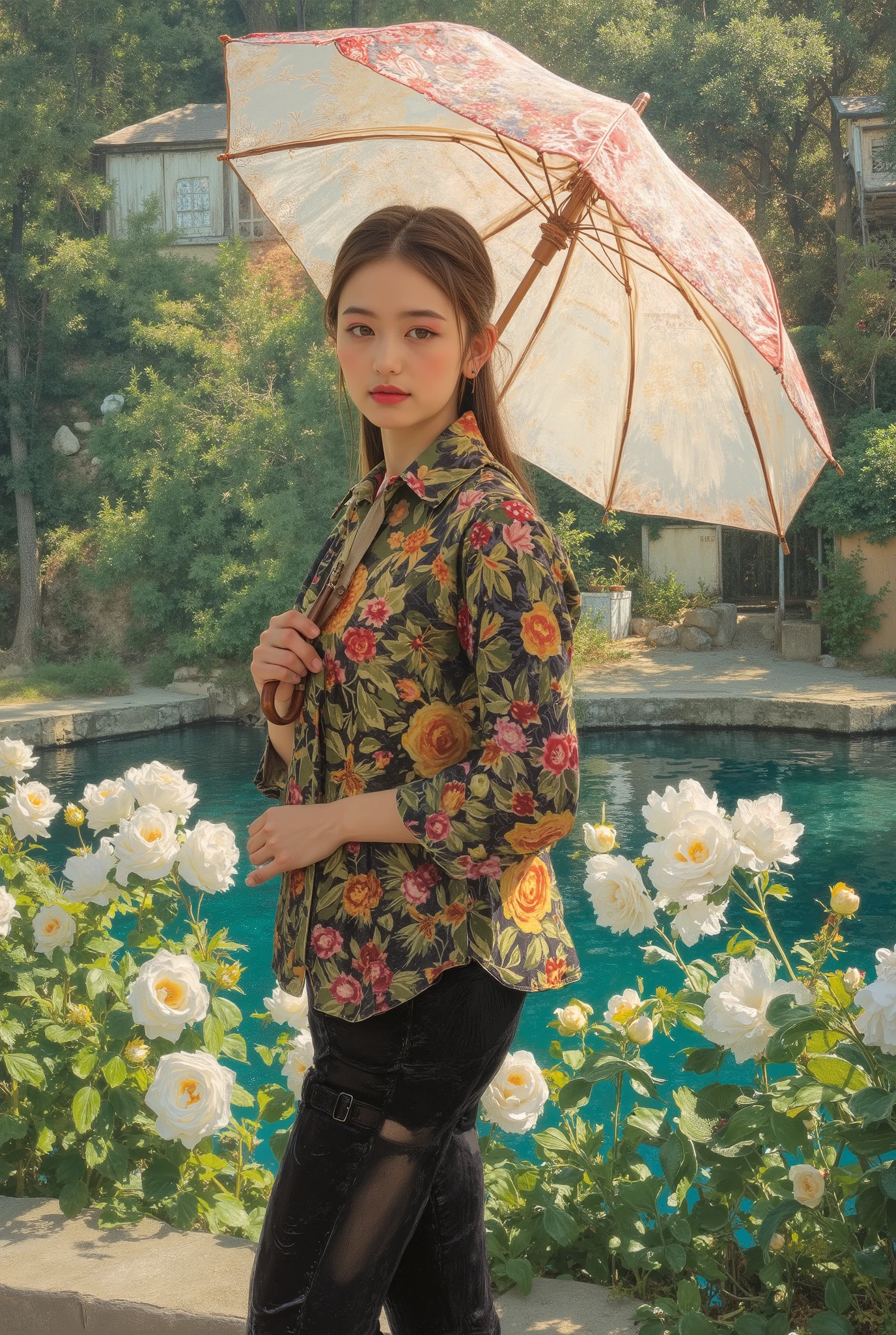 (best quality, 4k, highres, masterpiece:1.2) , ultra-detailed, (realistic, photorealistic:1.37), A photorealistic portrait of an elegant young woman standing, She is having a Sun Umbrella for Women, Claude Monet Scenery Excellent Quality、4K resolution、super definition、Realistic、PROFESSIONAL、Dynamic Range HDR、vibrant colors、bokeh、Impressionist style、oil、beautiful light、elegant atmosphere、Natural elements、In the sunshine、marine scenery、delicate texture、Elegant posture, 19rth century, she is taking a walk, hyper detailed moist skinn texture,