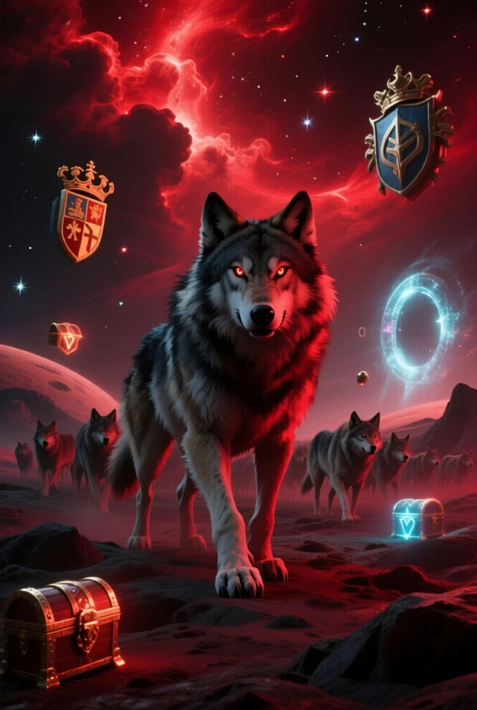 photo of, portrait , a humanoid black wolf in full royal costume and a golden crown , seated on a throne, against the background of the nebula ((Better )) hyperrealism, super realism, proportional, Overall Quality, stylized