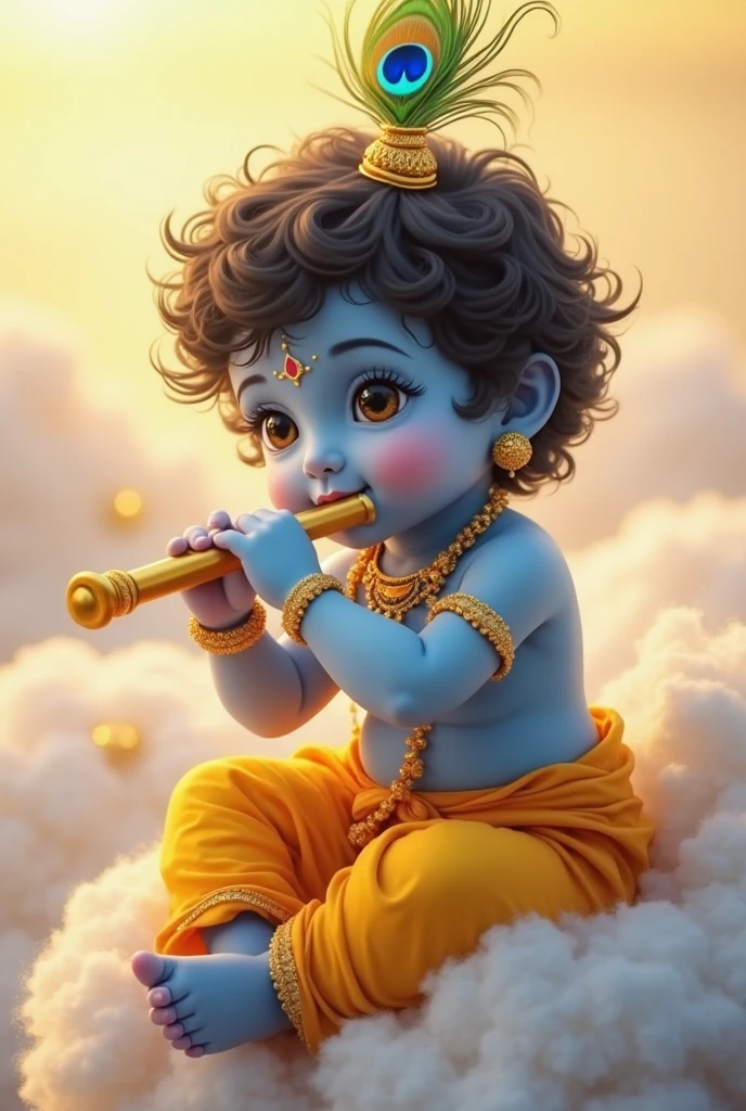 (photorealism:1.2), A 3D render of a medium shot of a cute baby Krishna with a peacock feather in his hair, singing a flute. He is wearing a yellow dhoti and a flower garland.  
He his eating white butter from the round pot vessel..The lighting is dramatic, with a bright spotlight on Krishna and a dark background.
