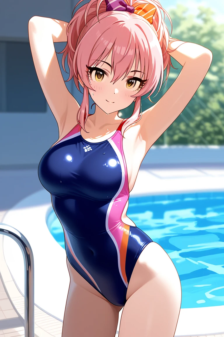 mastute piece,Best Quality,insanely detailed,8k cg,nsfw,
(shoot upper body:1.3),
(1girls:1.3),standing,looking at viewr,body in front,(both arms behind back:1.4),(navy blue school swimsuit:1.3),(bare breasts:1.3),(bare nipples:1.3),break,
blush,shy,(ecstasy face),(trembling:1.2),break,(light pink hair:1.1),
break,
perfect breasts,(perfect teats:1.2),(open mouth:0.9),(large breasts:1.3),
(poolside),