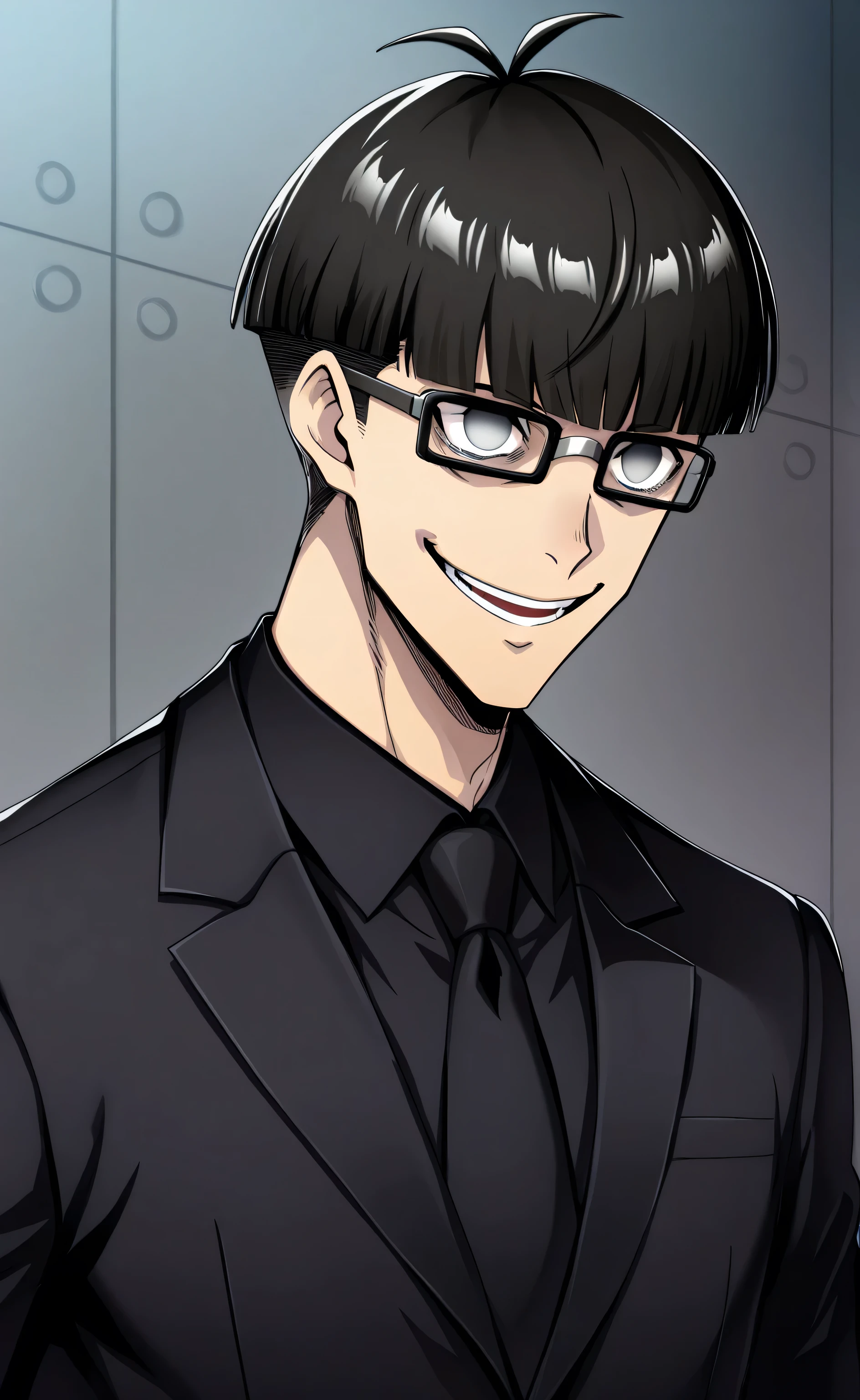 1male,solo,Jinpachi Ego,black hair,short hair,bo hair,under-cut hair,grey eyes,empty eyes,crazy smile,pride,black glasses,black suit,black shirt,black necktie,muscle,tall,school,[Style] Uma Musume: Pretty Derby