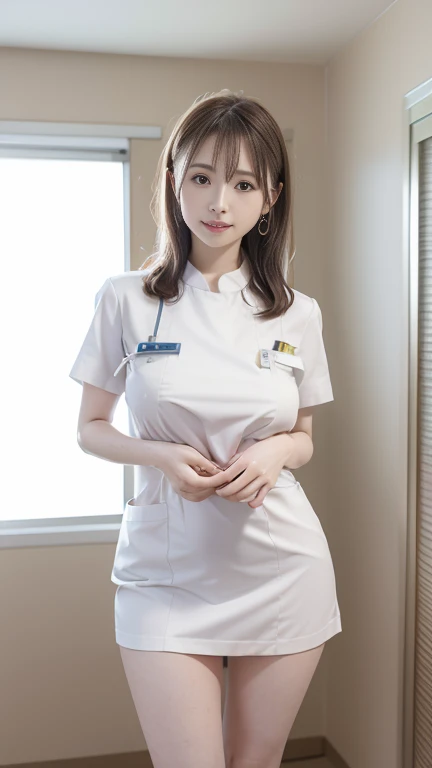 White Smoke Nurse Attire,a miniskirt,Large breasts,Plump body,Cute face,embarrassed,Bob Hair,hospitals,masutepiece, extremely fine and beautiful,attractive mature lady,Adult Woman,Japanese