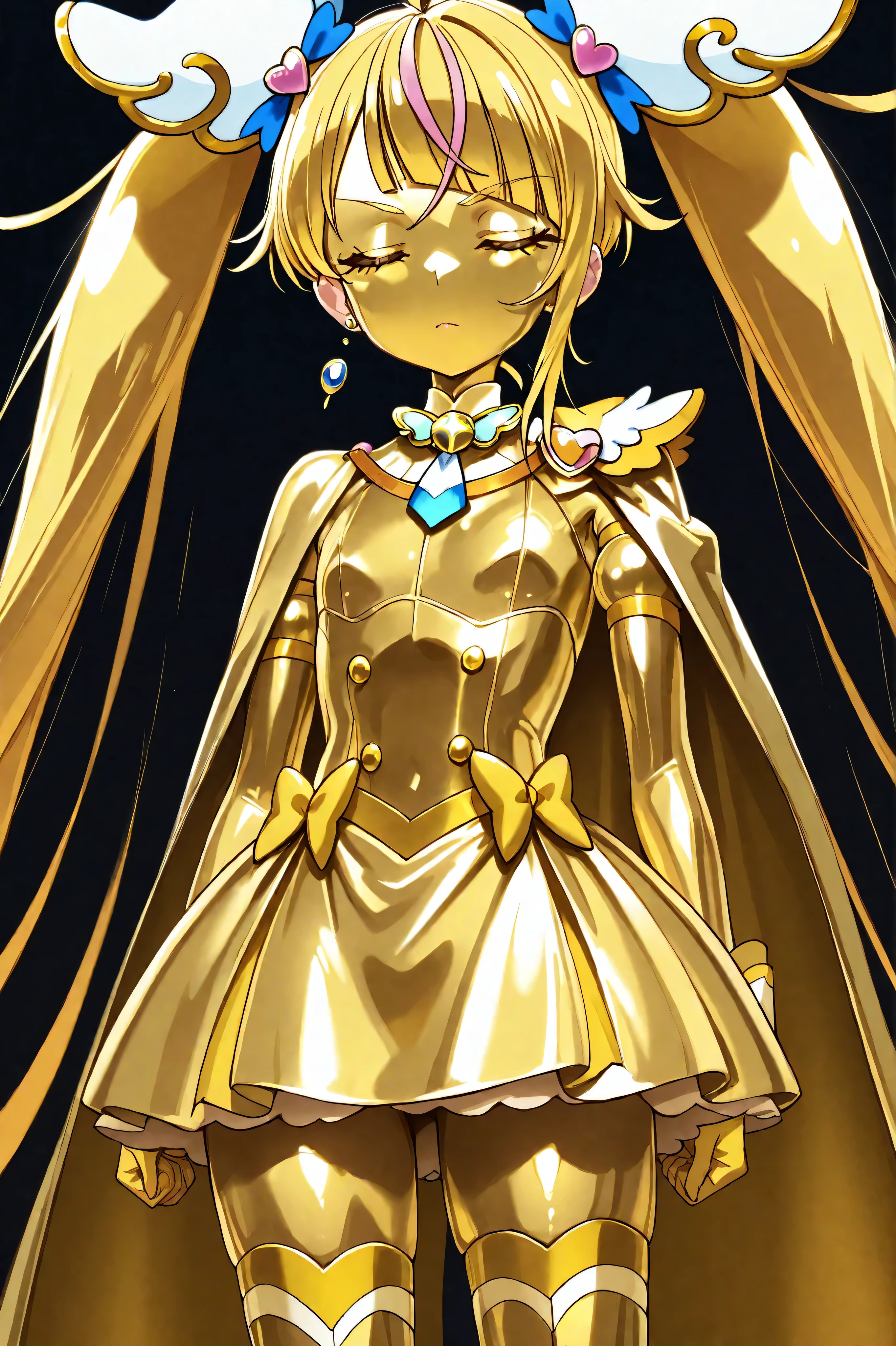 Cure Sky, masterpiece, best quality, Newest, Very High Definition, closed eyes, yellow hair, yellow sclera, closed mouth, No students, Yellow skin, shiny skin, metal skin, Black eyebrows, Slanted eyebrows, 1girl, solo, Cowboy Shots, standing, dynamic, Looking at the viewer, sleeping, Serious Expression, black background, Hands on Her Hips, Gold_butterfly hair ornament, Long Hair, Gold_Knee Socks, 太ももまで長いKnee Socks, Magical Girl, Gold_skirt, under skirt, hair ornament, Gold_gem, Gold_gloves, Gold_twin tails, Gold_ribbon, golden hair ornament, Gold_cloak, metallic outfit, Everything you wear on your body is gold
