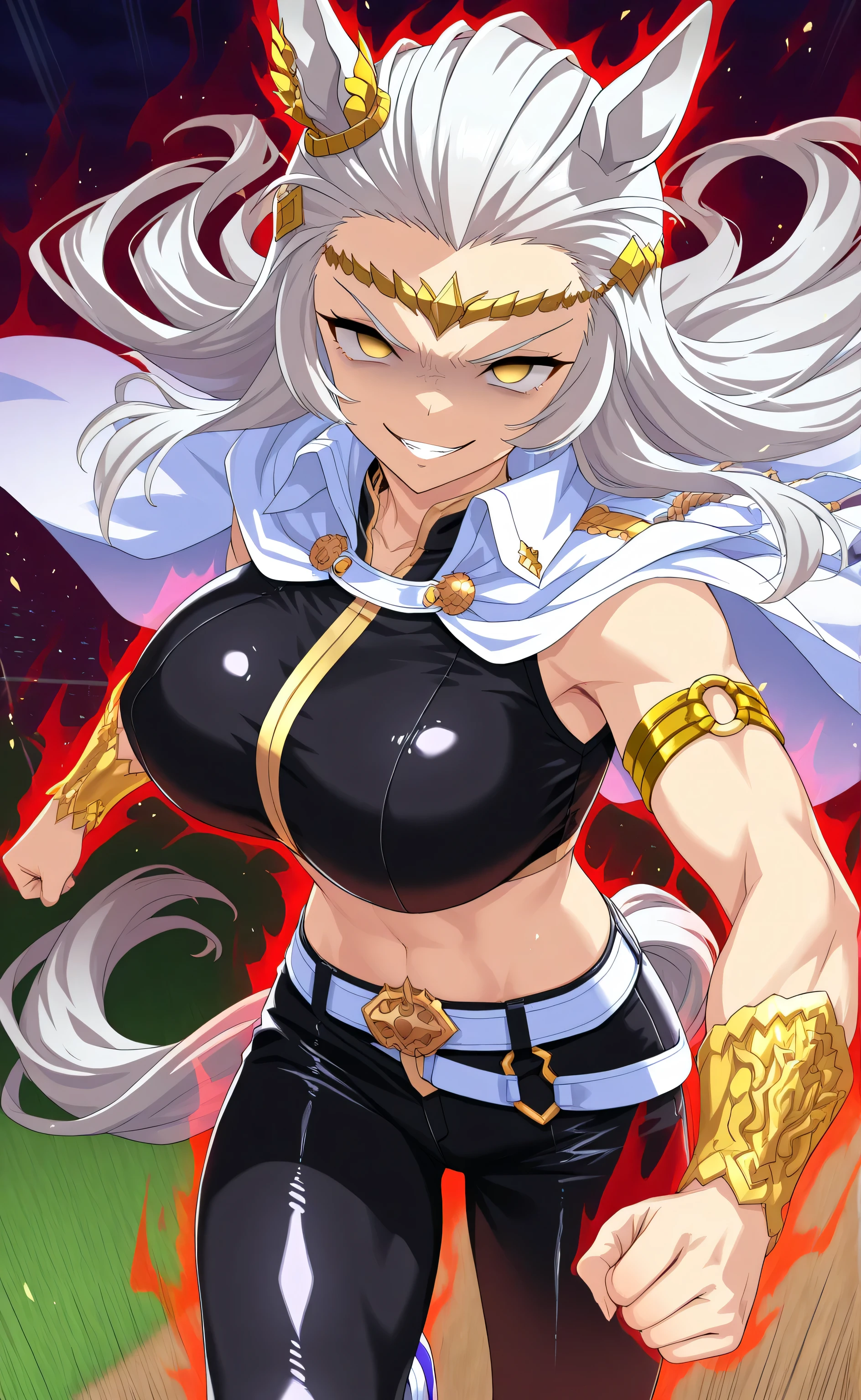 1female,solo,Ryuga,white hair,long hair,slicked-back hair,yellow eyes,empty eyes,evil grin,pride,horse ear,leen muscle,big boobs,tall,sexy,white cape,black crop top,black leather pants,gold neckless,gold armband,gold hairband,Dark Aura,run,speed,horse track,[Style] Uma Musume: Pretty Derby