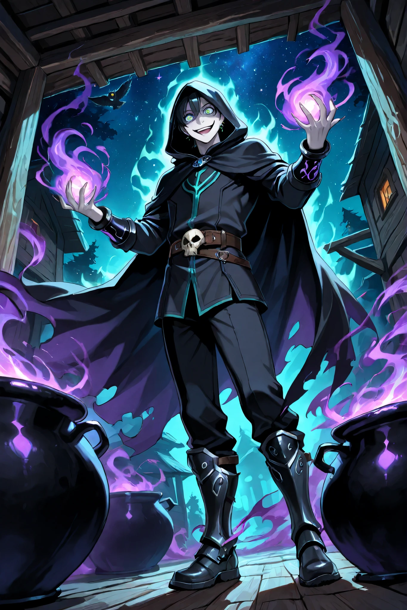  (masterpiece, vibrant colors), solo, guy,man in their early thirties, black hair, short hair pale skin, long fingernails,  earrings, kaa eyes, black hooded cape, hood up, iron boots, skull shaped bracers, leather belt,  (crazy smile, confident, playful, mischievous ,cocky), (dark lord) standing inside a wooden hut, bubbling cauldron, owl perched on ceiling in background, spellbooks scattered everywhere, (night scene, starry night), hut is located in a marsh which is visible out the window, casting a spell at viewer, shadow aura, black magic, (evil pose), demonic vibes, swirling spirits wailing
