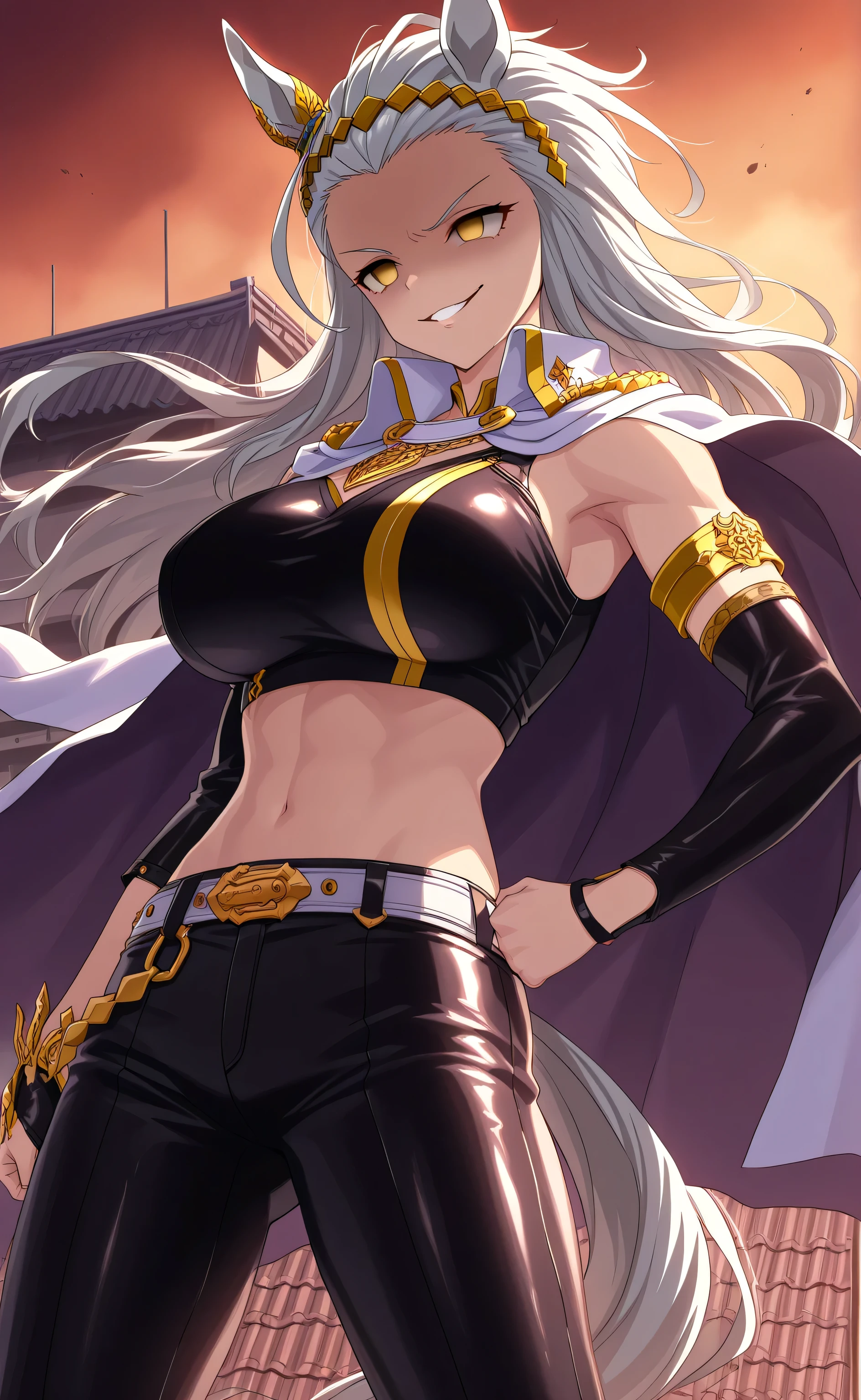1female,solo,Ryuga,white hair,long hair,slicked-back hair,yellow eyes,empty eyes,evil grin,pride,horse ear,leen muscle,big boobs,tall,sexy,white cape,black crop top,black leather pants,gold neckless,gold armband,gold hairband,rooftop,japanese,tokyo,[Style] Uma Musume: Pretty Derby