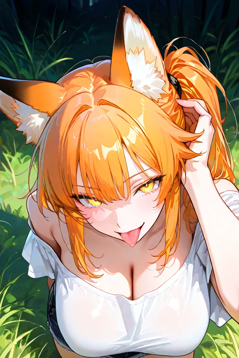 a girl, 12yo, fox ears, fox tail, short cut, red hair, deep forest, ???????, Masterpiece, Ultra Detailed, looks at the viewer
