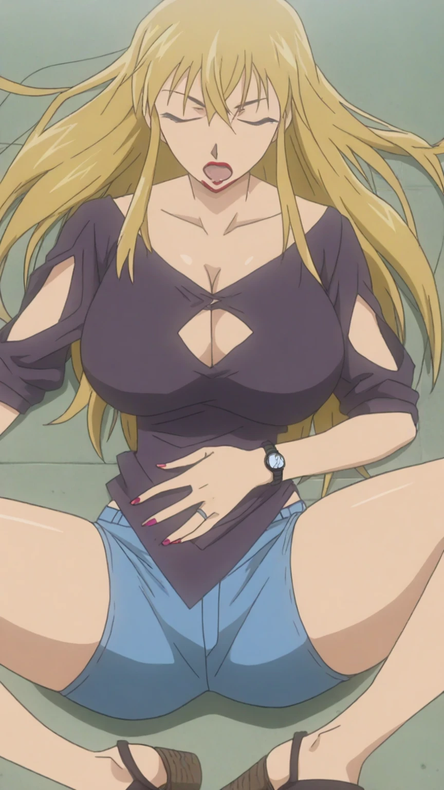 masterpiece, best quality, highres, 1girl kaori saeki, micro denim shorts, black off shoulder crop top , classroom, full body shot, (smug:0.3), looking at viewer, focus solo, sexy pose, mature, flip flops, detailed feet, busty, cleavage, blonde, long hair, red eyes, dangling shoe, kneeling, seducing,