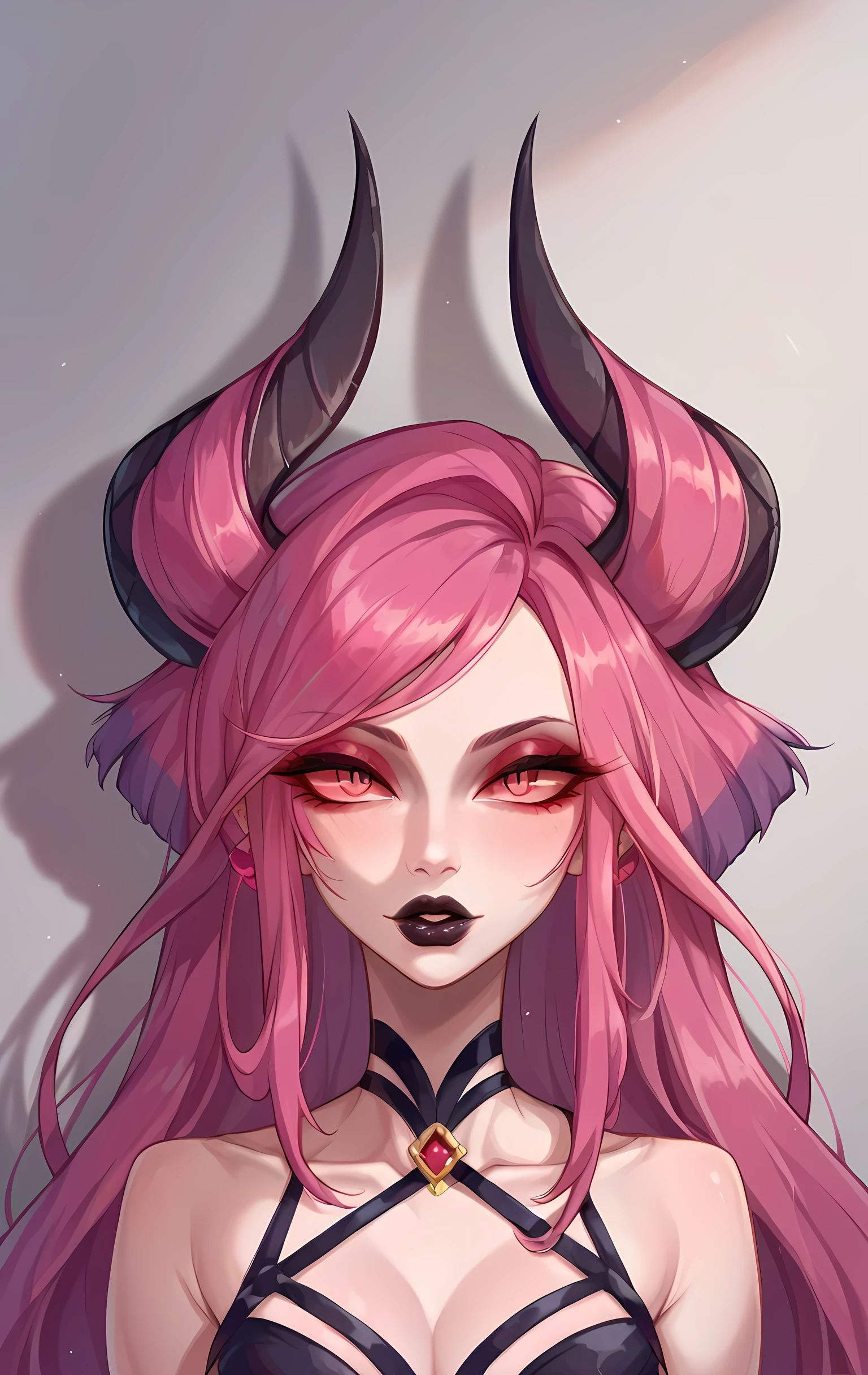 excellent detail, demon, luxurious , flawless fair skin, long silky pink hair, the hypnotic gaze of red eyes, black alluring lips, composition