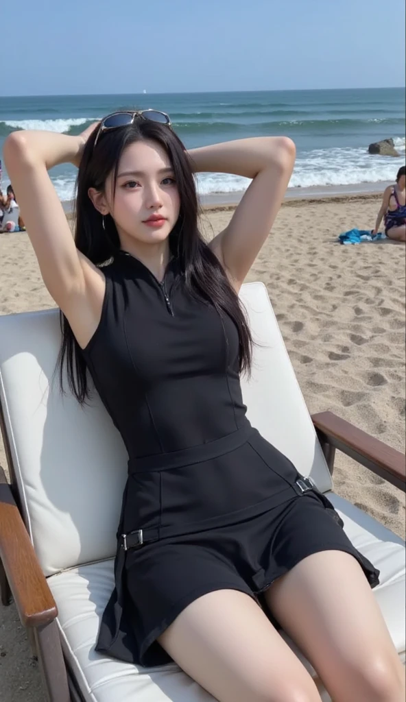 Girl wearing black taking selfie at the beach