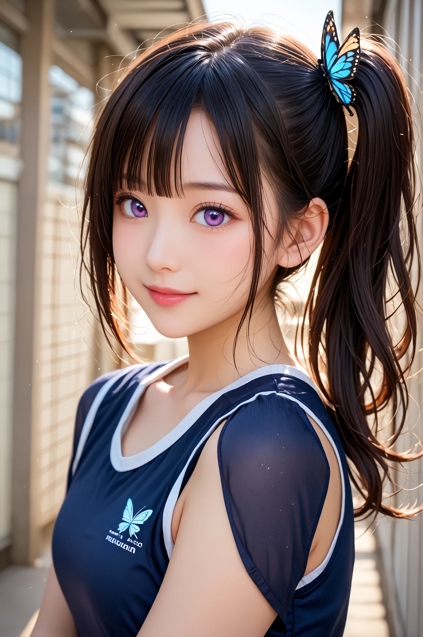1girl in, Large Breasts, hair bobbles, a 18 year old girl, Beautiful and Delicate Face, Stereograms, Exact ratio, Japan Person Model, fair white skin, Long legged, Best Quality, 8K, Super Detail, Authentic Skin, Skin Details, Beautiful eyes, Slimed, Atmospheric perspective, Big Breasts, MASTERPIECE, Full of embarrassment, anaglyph, solid circle eyes, ear blush, surrealism, drop shadow, Perfect Hands, Perfect Legs, Slimed, in hotel, Japanese Girl, smiling eyes, purple dress, Beautiful Hair