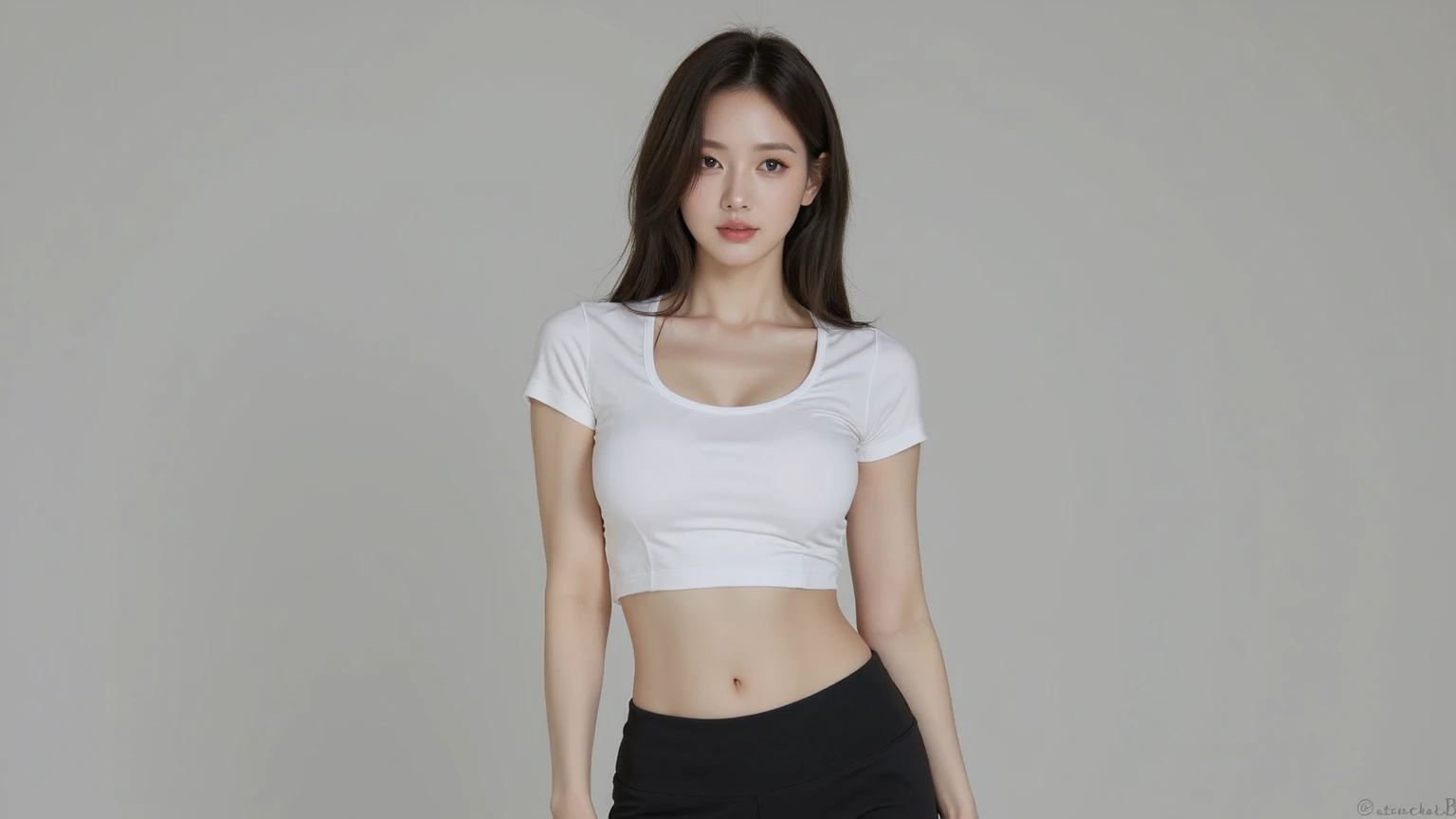 ((photorealistic lighting, Top Quality, 8k, masterpiece: 1.3)), Clear Focus: 1.2, One woman, Perfect Body Beauty: 1.4, Slim abs: 1.1, ((Dark-brown hair, larger: 1.3)), (Accelerate: 1.4), (gym, nighttime: 1.1), gym,Yoga Pants, Slim Faces, Narrow Eyes, Double eyelidd, Valley exposure, Incredibly Absurd, Messy hair, Floating head, Long sleeve t-shirt, fashion model pose,Full-body shot,Chest bone visible top,Yoga pants in different colors,