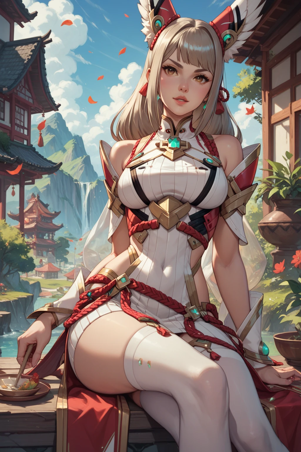 masterpiece, best quality,4k quality,highres,solo girl, white hair, ponytail hair, red eye,pink lips,big breast,big nipples, sexy figure, big ass,sexy legs, pink pantties,cowboy shot, standing,green grass field, summer