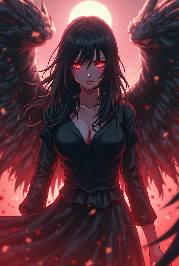 a demon women. left eye is normal, back and right eye is full white, only haves a dot in the middle. angel white wings and devil black horns and tail. haves tiny she haves eyes under her eyes like yuji from jjk. and she is beutiful, her hair is a wolfcut. standing. her skin color is is brown .. a full body to toe pic. a evil expression on her face. Wears o shaped choker. standing, fire behind her, looking like the world is burning behind her.