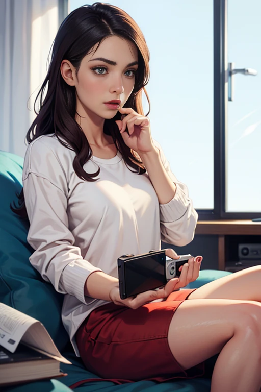 24-year-old female、Relaxed loungewear、Soft fabric hot pants、Fur slippers、Lying on a soft three-seater sofa and looking at a tablet、Push your glasses down your nose、Looking up at the viewer、I'm at home so I'm completely off guard、No makeup