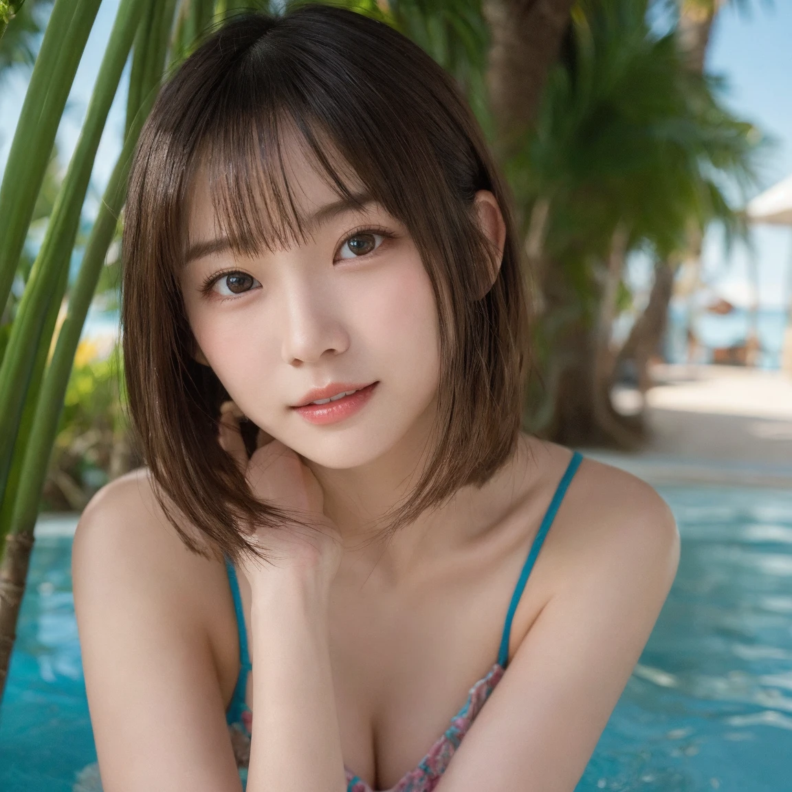(masterpiece:1.3), high resolution, ultra detailed, extremely detailed CG unity 16k wallpaper, realistic, photo-realistic, RAW photo, super fucking beautiful detailed face, natural makeup, pale skin, realistic glistening skin, detailed cloth texture, detailed hair texture, beautiful detailed fullbody, Perfect female body, accurate, Anatomically correct, Highly detailed face and skin texture, natural neck length, (beautiful hands), (fair skin:1.1), (well-aligned teeth:1.1), ((beautiful breasts, cleavage:1.3)), (Perfect dynamic composition, looking at viewer, cowboy shot), 
BREAK, 
Detailed eyes, symmetric eyes, Light Brown eyes, Double eyelids, Thin eyebrows, (Glossy lips:1.4), ((A face with waiting for a kiss:1.2)), (blush:1.1), (A sparkling small hair accessory:1.1), (beautiful smile:1.1), (sweat skin,blush:1.2), (Random and cute poses:1.2), 
BREAK, 
((short hair, bob, Dark blonde hair, bangs:1.2)),  
(pool, Random and beautiful Swimwear:1.3)