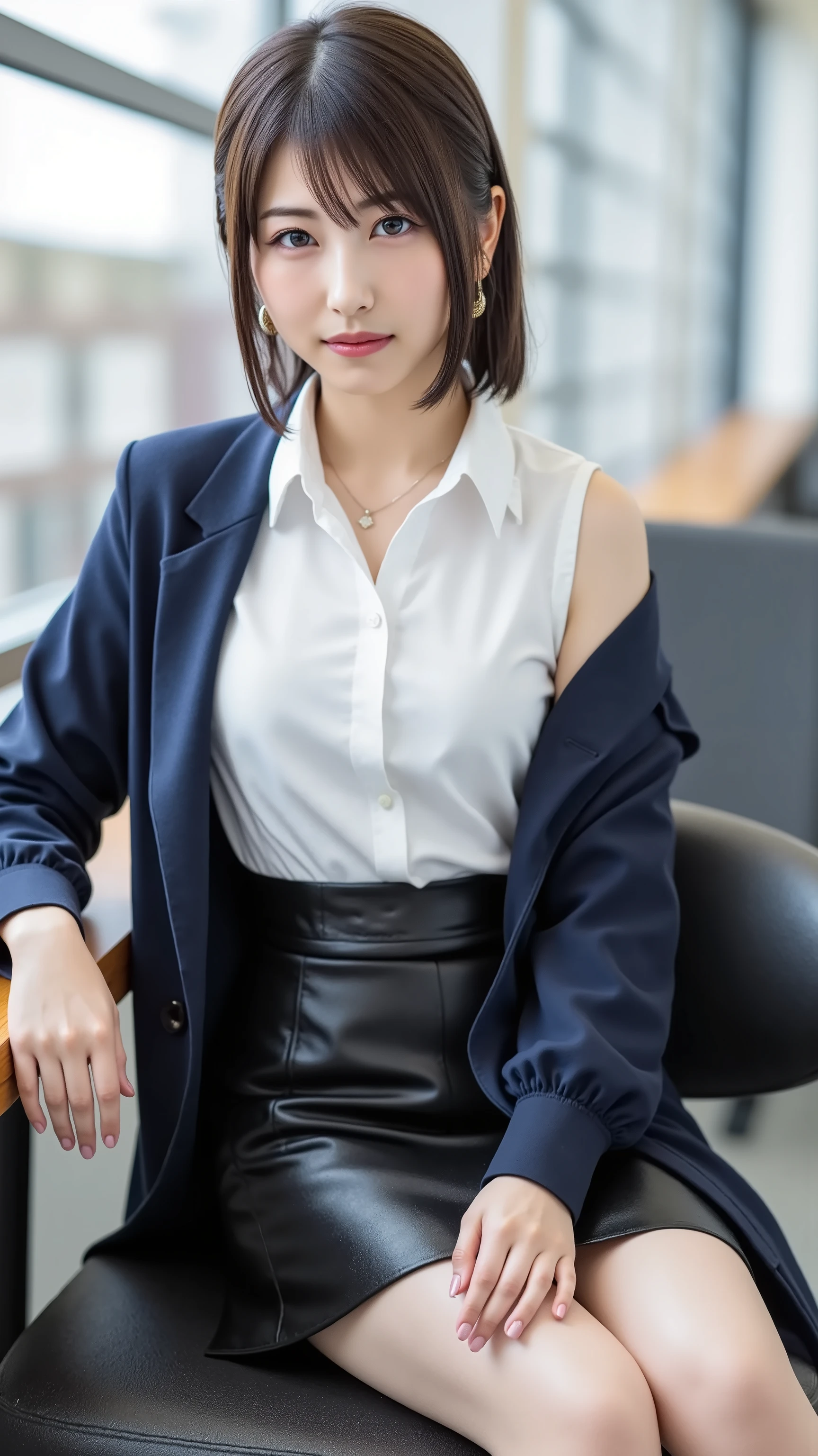 ((( Masterpiece)))、(((Highest Quality)))、(((Beauty Painting)))、REALISTIC PORTRAIT、 8k、 beautiful woman:20 years old:accurate anatomy、 beautiful face、 beautiful hair:short hair、 Beautiful Eyes、 beautiful breasts:F cup、 beautiful body、 Beautiful legs、((white blouse that can touch your inner thighs:dark blue jacket:tight skirt that can be folded from above:black stockings))、office、best hair and skin texture、 sitting on a chair and crossing my legs:model pose、Realistic 、 natural light、 high resolution image、A full-body image of a woman is shown、photorealistic、
