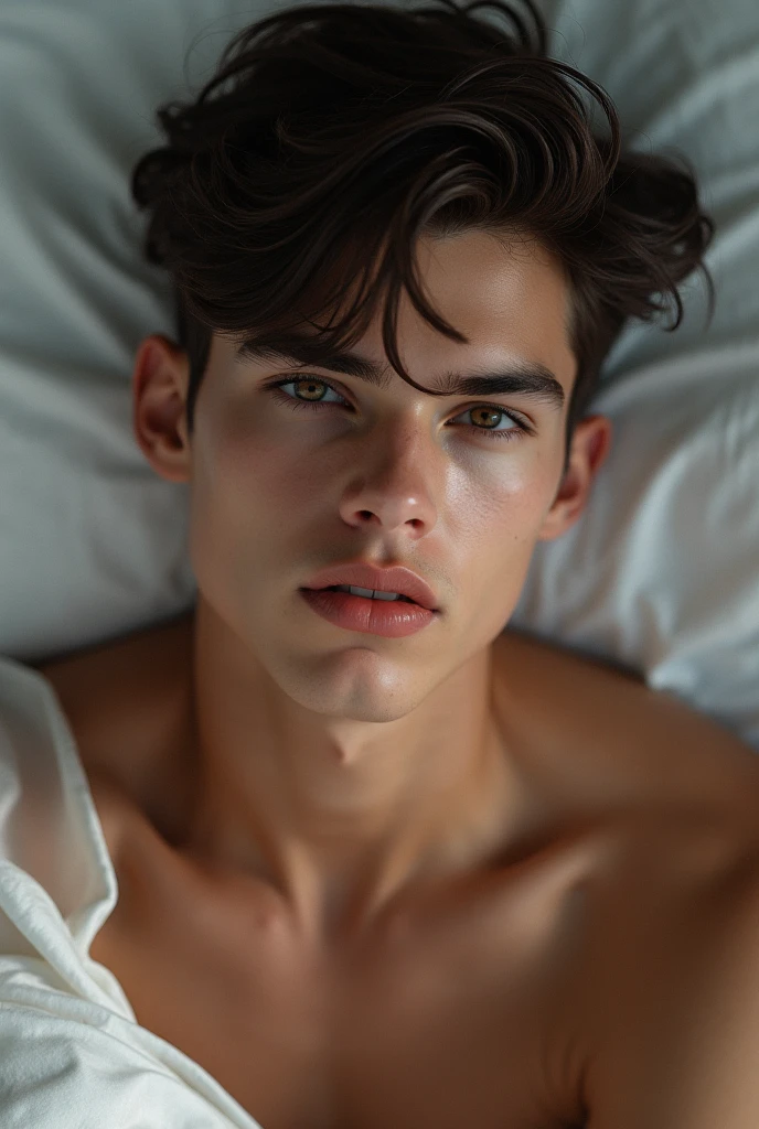 20 year old male, handsome, shirtless, lean muscle, skinny, clear skin, brown hair medium lengt, laying in bed