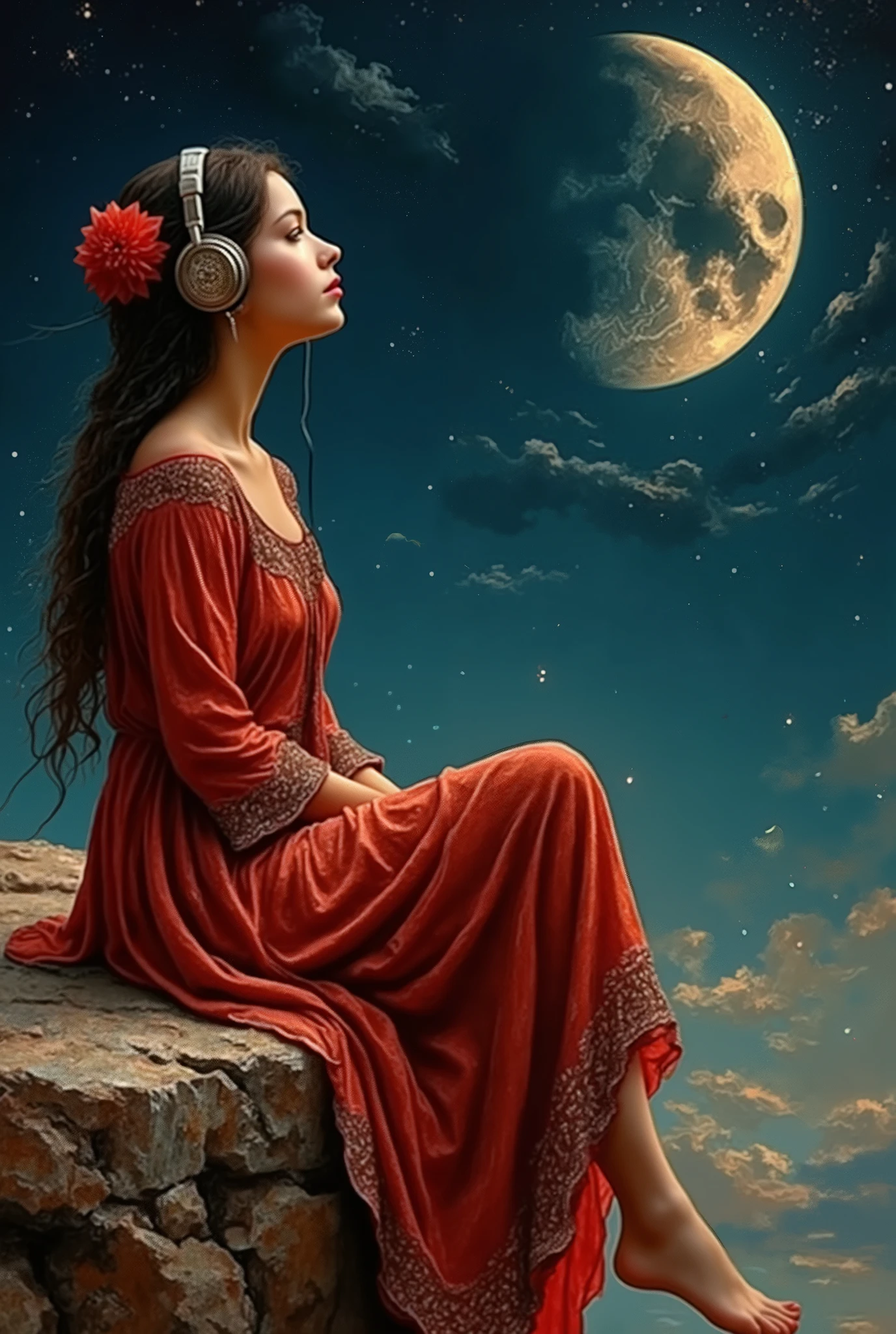 Orientalist style oil painting depicting a beautiful young Arab woman with a red flower in her hair,  She is wearing headphones , et  assise au bord d'un toit, legs dangling, contemplating the Crescent Moon in the dark sky. Ce style s'inscrit dans la Renaissance européenne : Oriental scene, finer details, 8K, vue d'en bas.