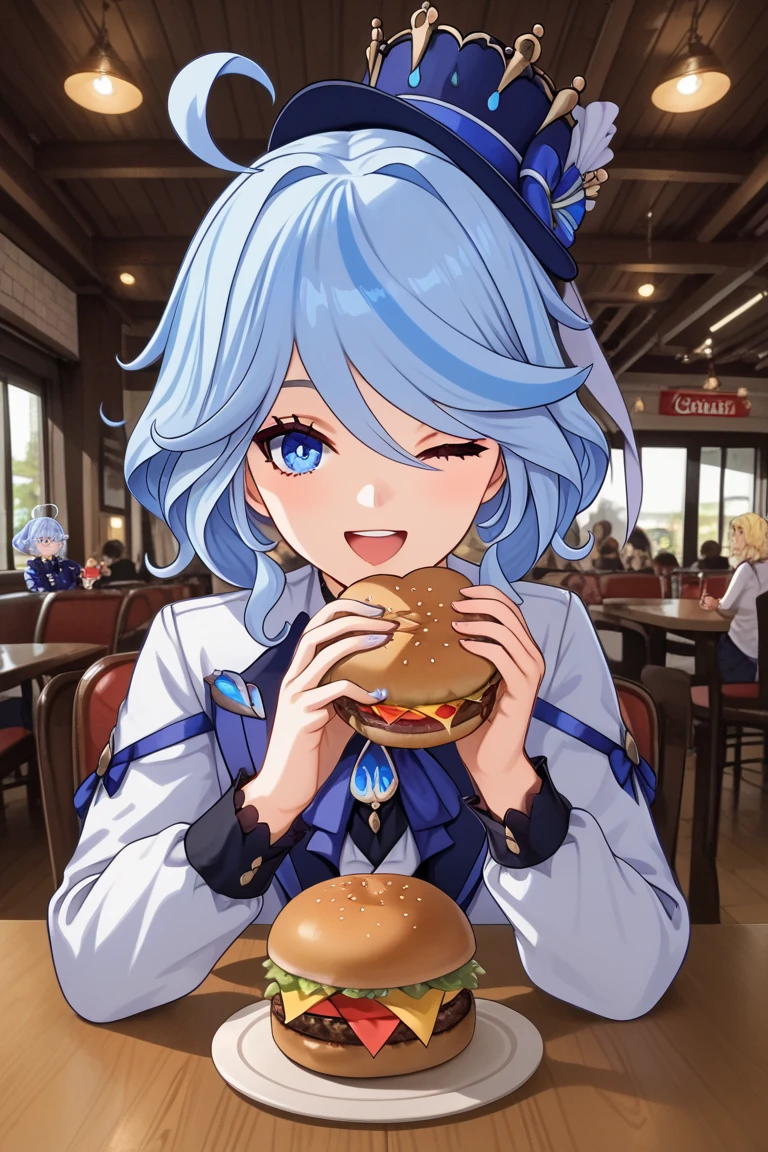 8k wallpaper，tmasterpiece，cinmatic lighting，top Quority，illustratio，Dramatic angles，（（a color：1.1）），（（Colored inner hair：1.4）），
1girll， solo， long blue hair， SakuraNS， Pink eyes， Cross necklace， parted lip， a white choker， liquid hair， Light blue hair， By bangs， By bangs， From the side Side， contours， The upper part of the body， blue hairs， anime kitchen backgound， pink back ground，   shoulders， sportrait， looking at viewert， white dresses， hairsbetweeneyes， colorfulhair， kitchen Background, Nebula, 耳 Ring，jewely, majestic, eating hamburger, table of foods, crowded 