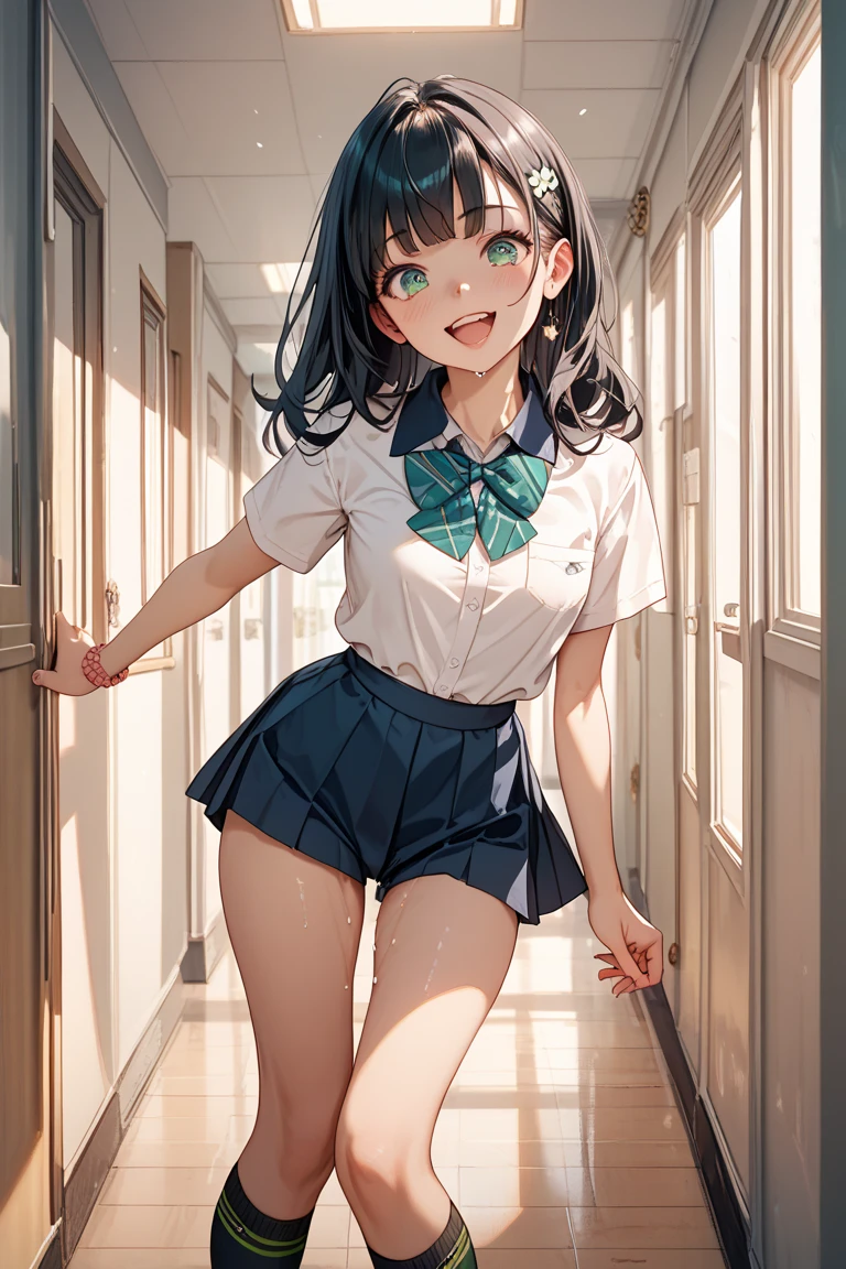 very cute and beautiful girl,(Very detailed美しい顔), (smile),blush,Black Hair,Seraphim,((White Shirt、Pleated mini skirt)),Are standing,(From below),(Lacy white panties), ((locker room、Steel Locker)), (Highest quality,masterpiece:1.0),Absurd,High resolution,Super detailed,Very detailed,32k,8K resolution, Intricate details,Movie Scenes,Detailed Background,alone,Dynamic Angle,